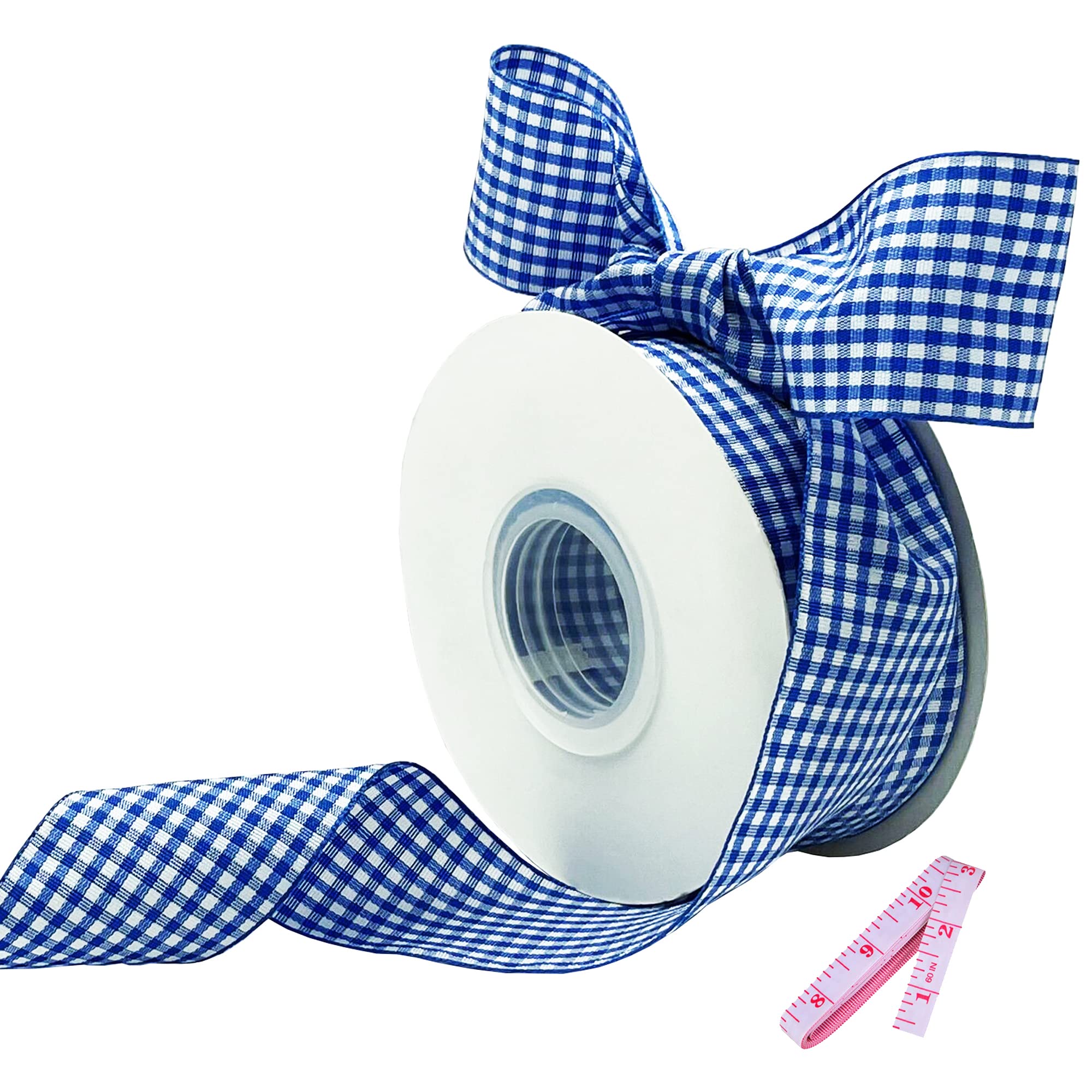 Blue and White Gingham Ribbon - 1.5 Inch x 25 Yard Roll - Polyester Woven Edge Ribbon for Crafts, Hair Accessories, Gift Wrapping, Christmas Decor - Includes 60