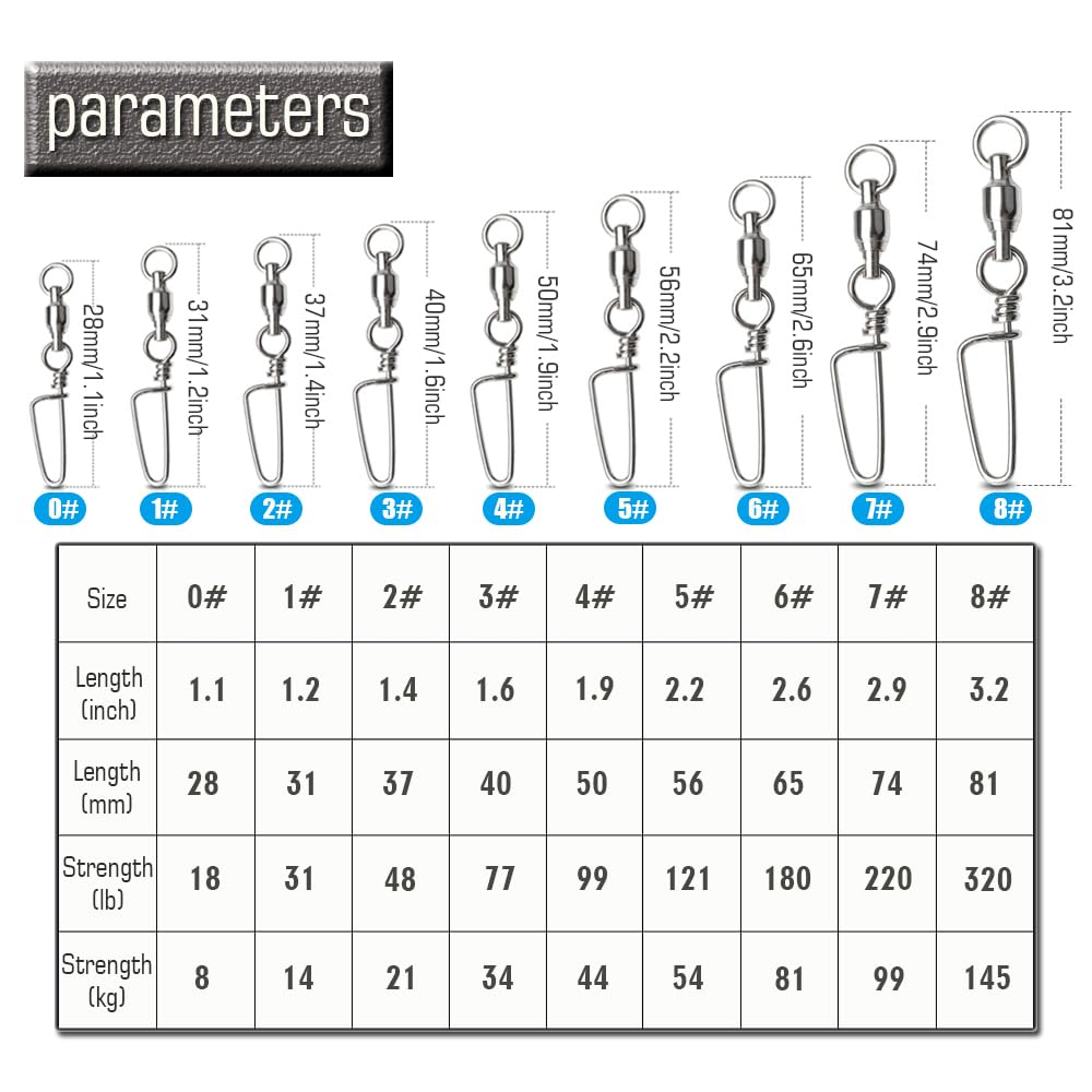 AMYSPORTS High Strength Fishing Snap Swivels - Ball Bearing Swivels with Stainless Steel Construction & Saltwater Corrosion Resistance - Barrel Swivel for Freshwater, Saltwater Fishing - Perfect for Lure Rigging, Trolling & Offshore Angling