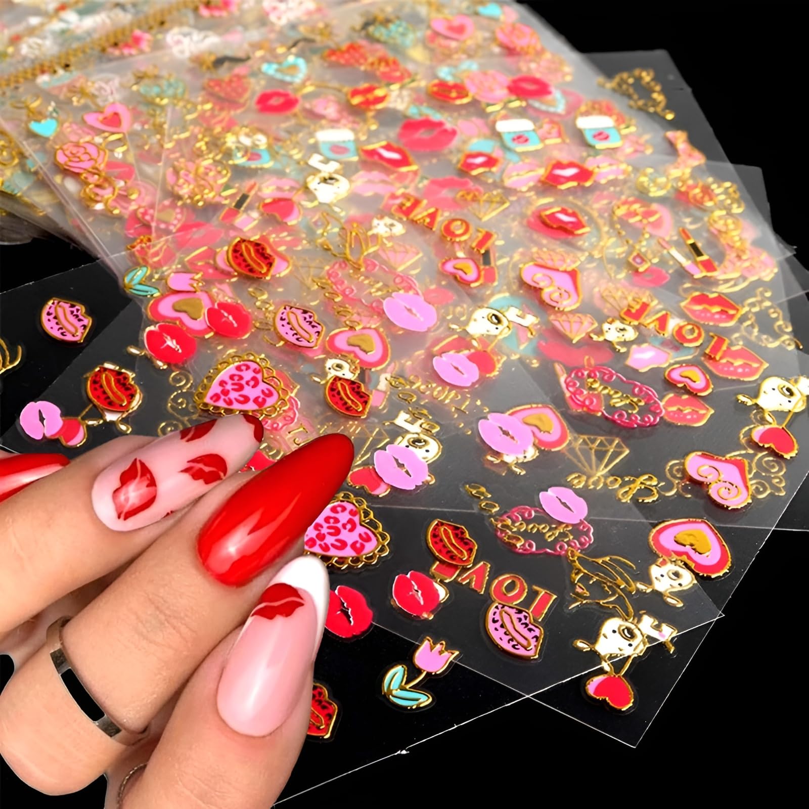 30 Sheets Valentine's Day Nail Art Stickers - 3D Self-Adhesive Red Heart & Rose Lip Kiss Nail Decals for DIY Acrylic Nails - Perfect for Women, Girls, Parties, Date Nights & Special Occasions