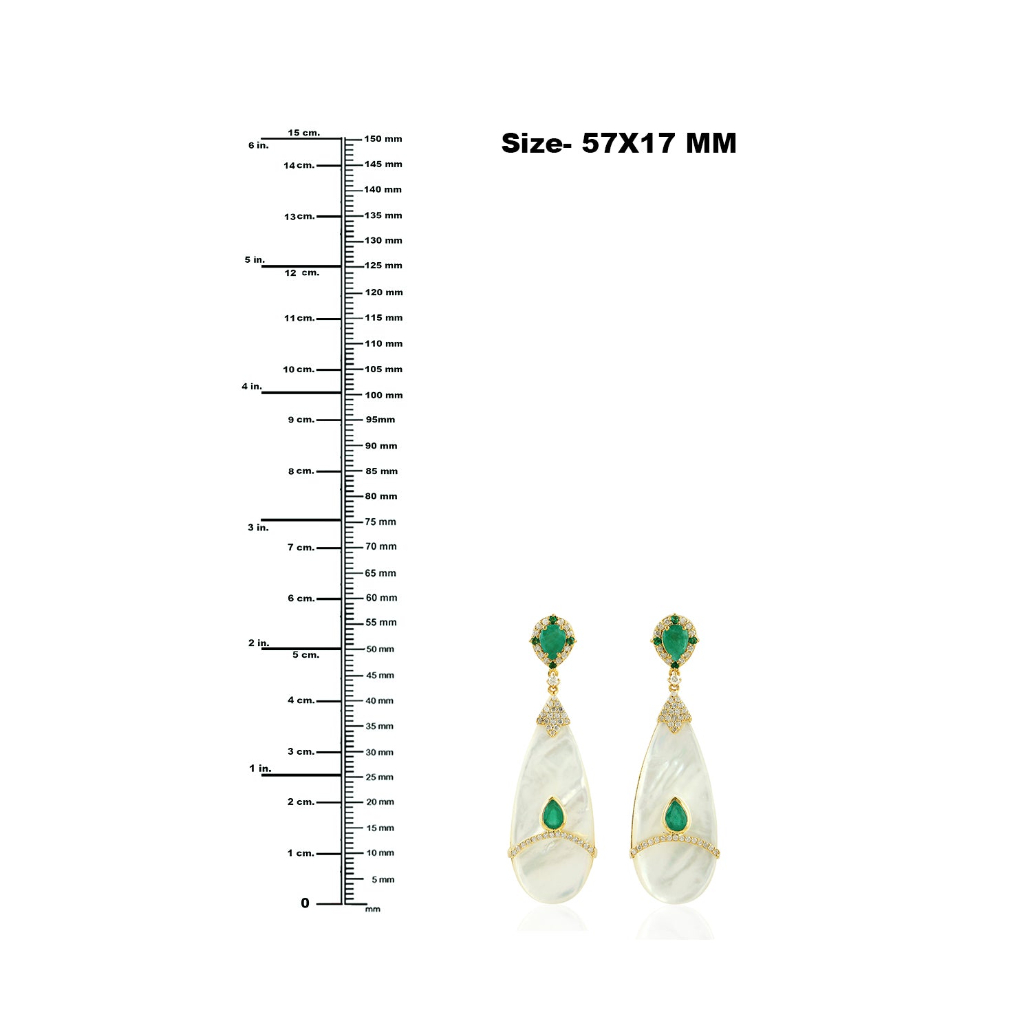 18K Yellow Gold Mother of Pearl Pear Emerald Pave Diamond Drop Dangle Earrings for Women - Elegant Bridal Jewelry, Wedding Gift, Anniversary Present, Evening Party Accessories