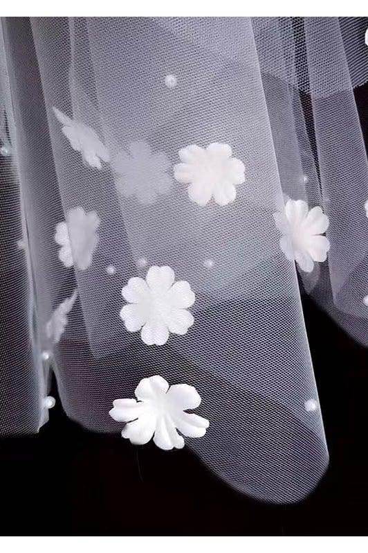 Elegant One-Tier Cut Edge Tulle Waist Veil with Flower Pearls - CV0384 | Perfect for Bridal Accessories, Wedding Ceremonies, and Special Occasions