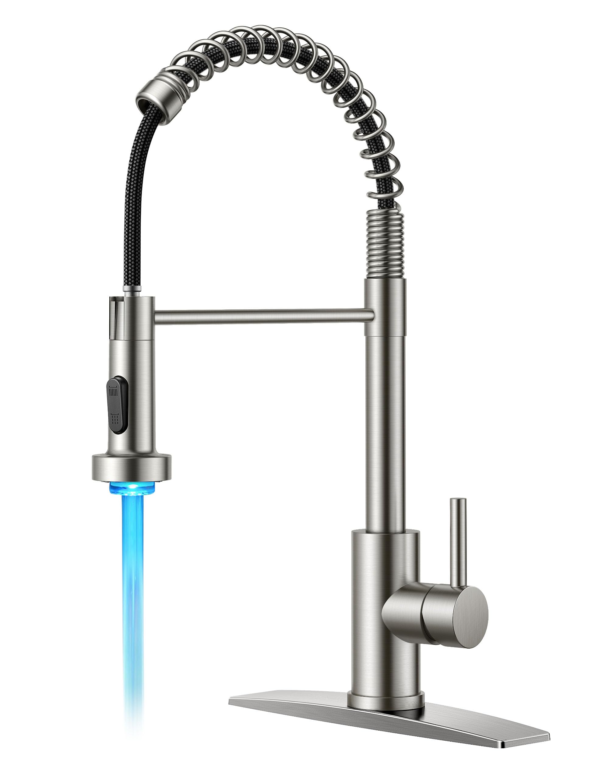 FORIOUS Brushed Nickel LED Kitchen Faucet - Modern Single Handle Pull Down Sprayer Stainless Steel Sink Faucet with Commercial Spring & Touchless Light | Perfect for Farmhouse, RV Camper, Laundry Room & Commercial Kitchens