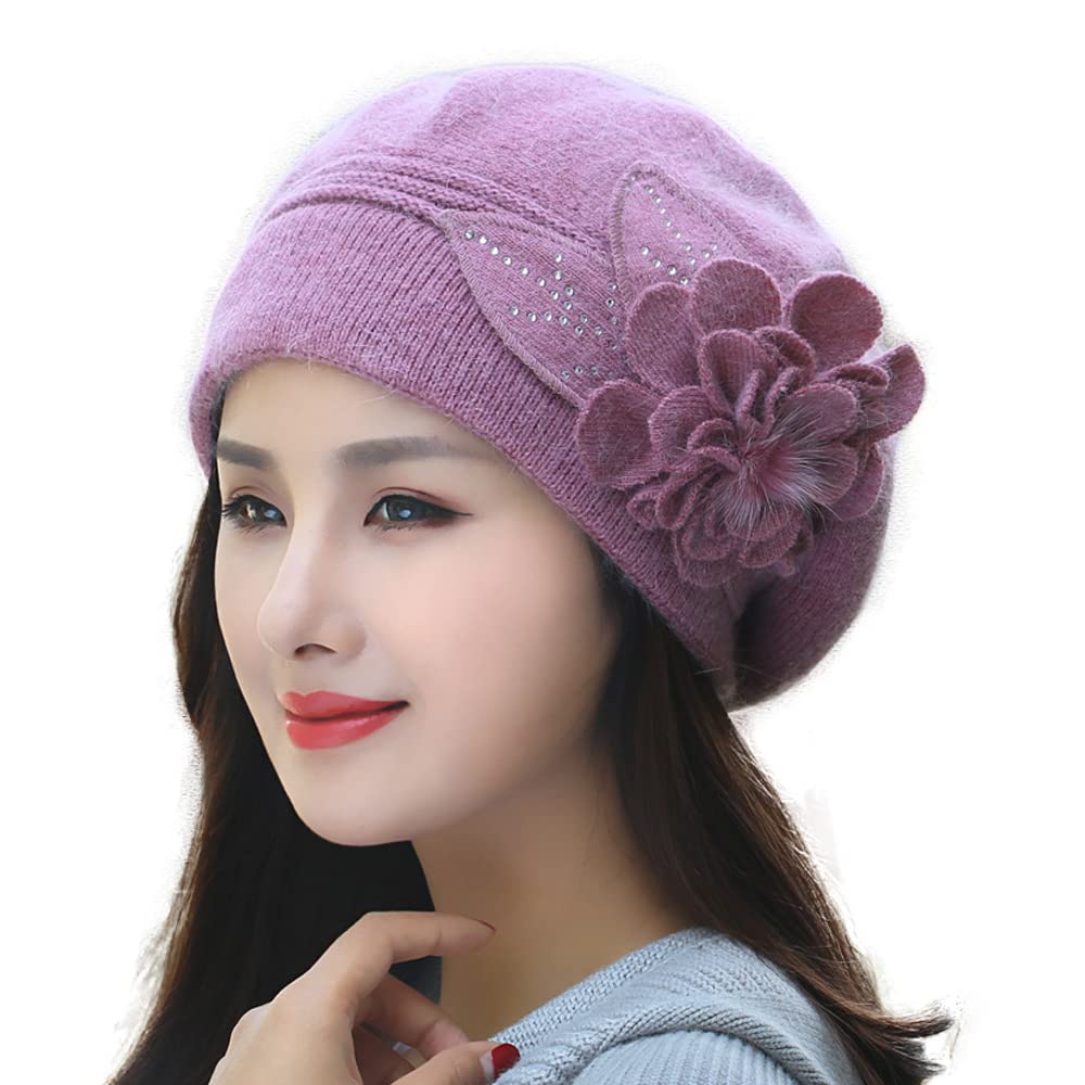 Women's Winter Beanie Hats - Knit Rabbit Fur with Flower Rhinestone - Warm Fashionable Beanie for Cold Weather | Perfect for Outdoor Activities, Skiing, Snowboarding & Winter Fashion