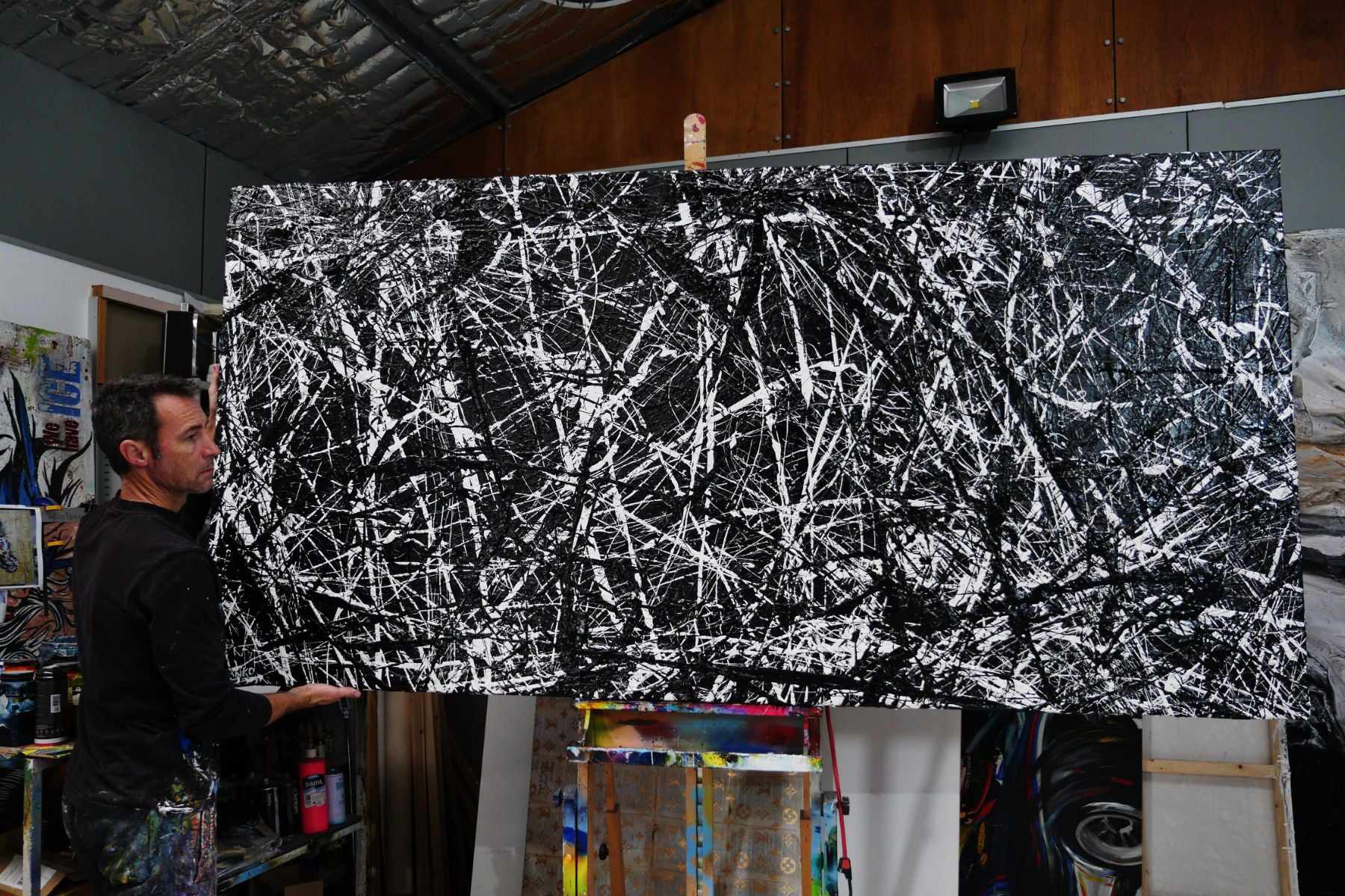 Scattergories 240cm x 120cm White Black Textured Abstract Canvas Wall Art - Modern Home Decor for Living Room, Bedroom & Office