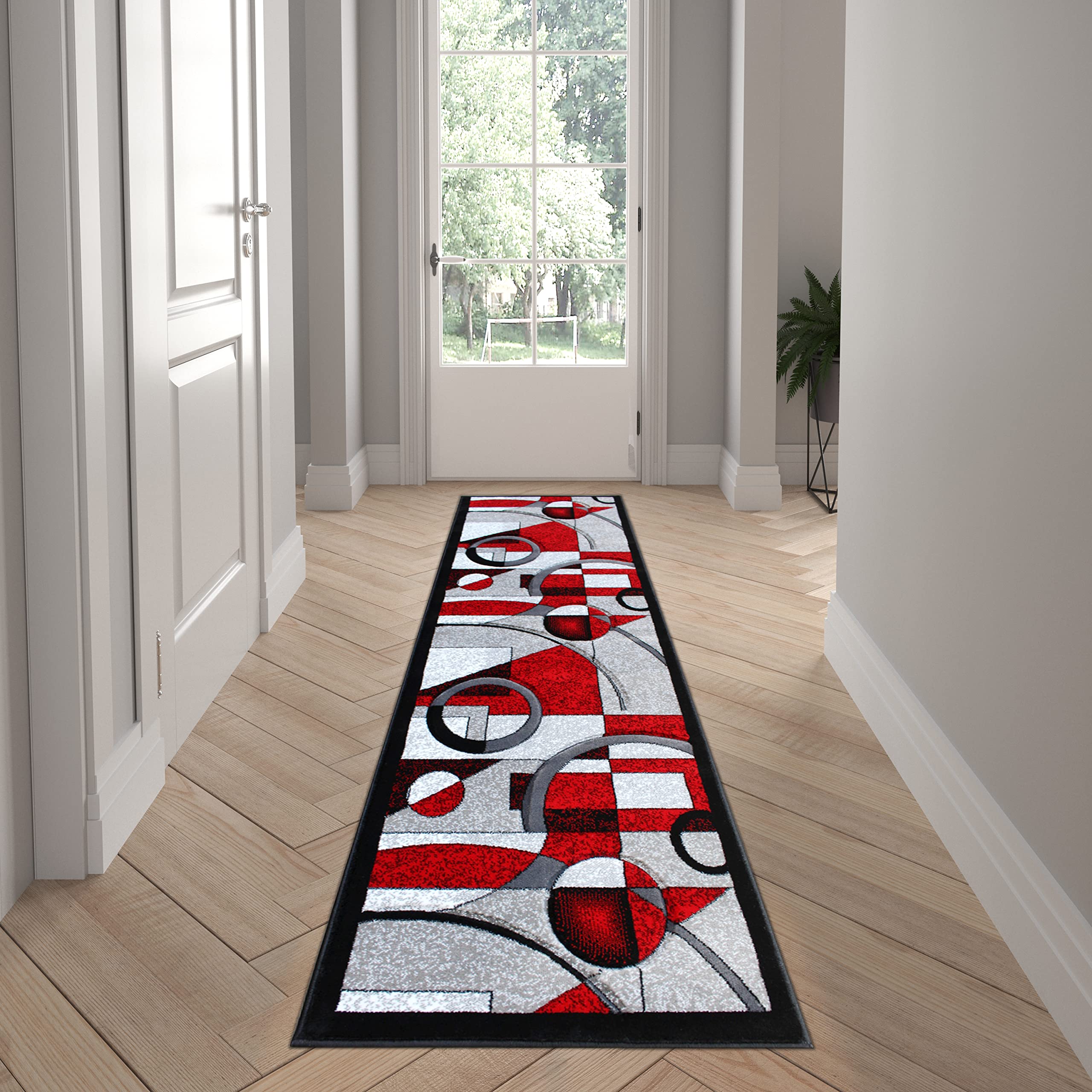EMMA + OLIVER Olefin Accent Rug - Red Abstract Geometric Design - 2x7 Feet Soft Plush Area Rug - Stain & Moisture Resistant - Easy Clean Jute Backing - Perfect for Living Room, Bedroom or Office Decor