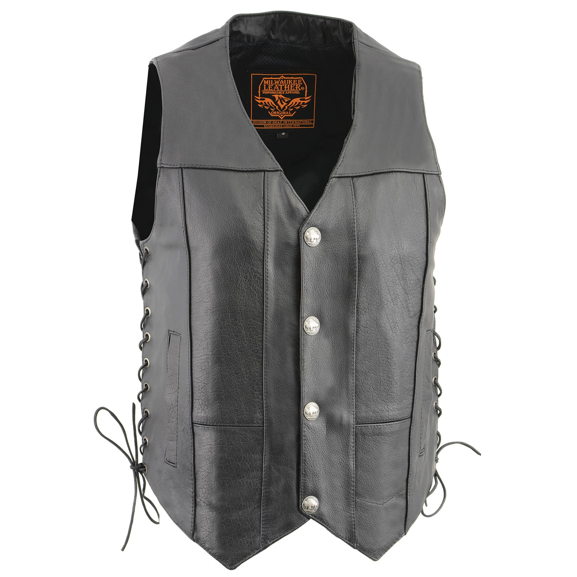 Milwaukee Leather Men's Black Classic V-Neck Motorcycle Vest with Buffalo Snaps & Side Laces LKM3701 - Stylish Biker Jacket for Harley Davidson Riders & Motorcycle Enthusiasts