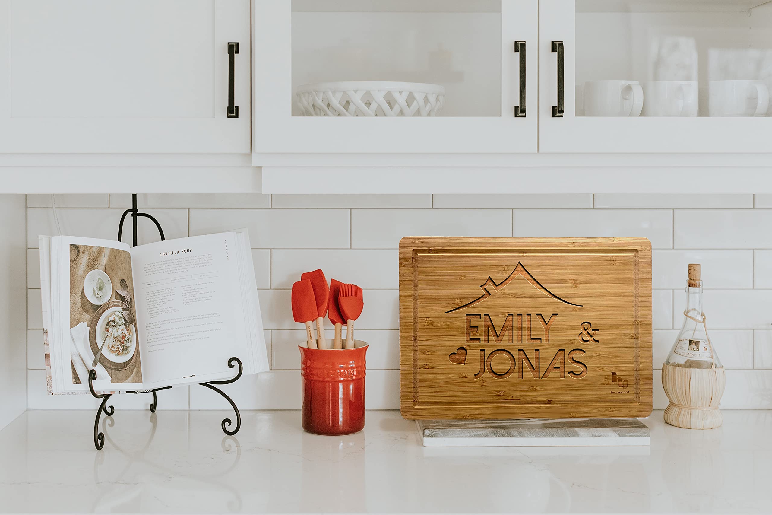 Personalized Wooden Cutting Board for Couples - Housewarming Gift with Display Stand - Engraved 