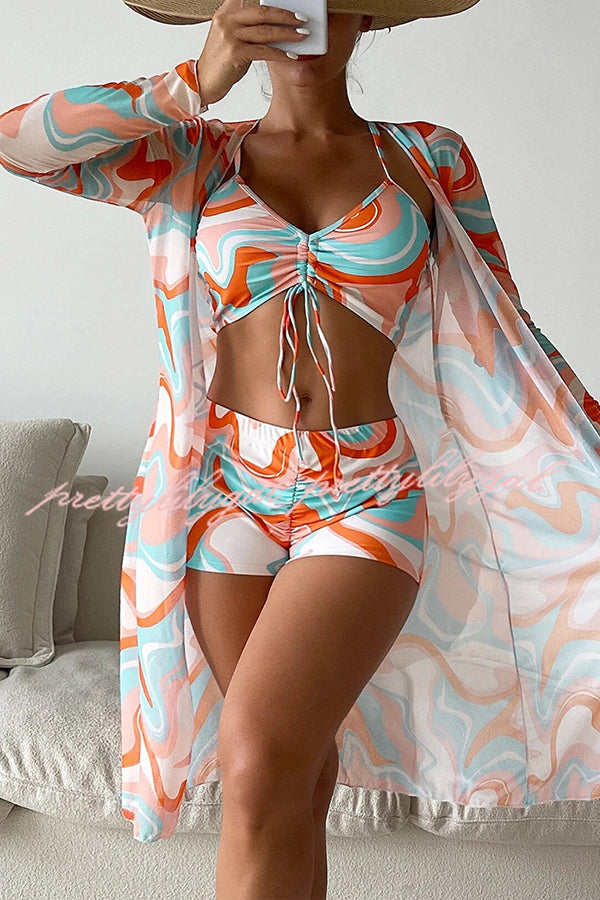 Stylish Printed Paneled Lace-Up Pleated 3-Piece Swimsuit Set | Trendy Swimwear for Beach Vacation & Pool Party