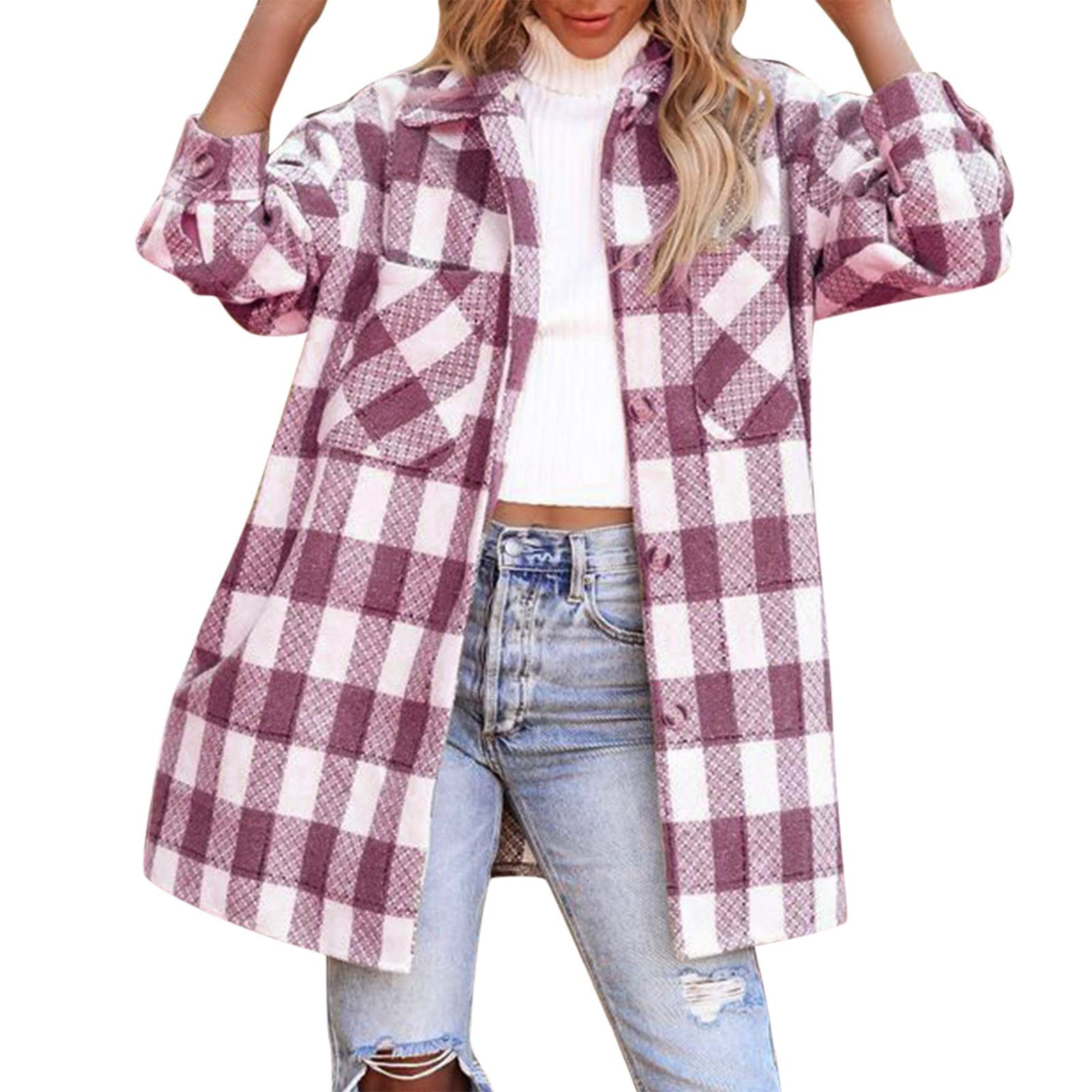 Women's Long Sleeve Flannel Plaid Shirt Jacket - Button Down Lapel Shacket Coat for Casual Wear & Outdoor Activities | Perfect for Fall, Winter & Layering