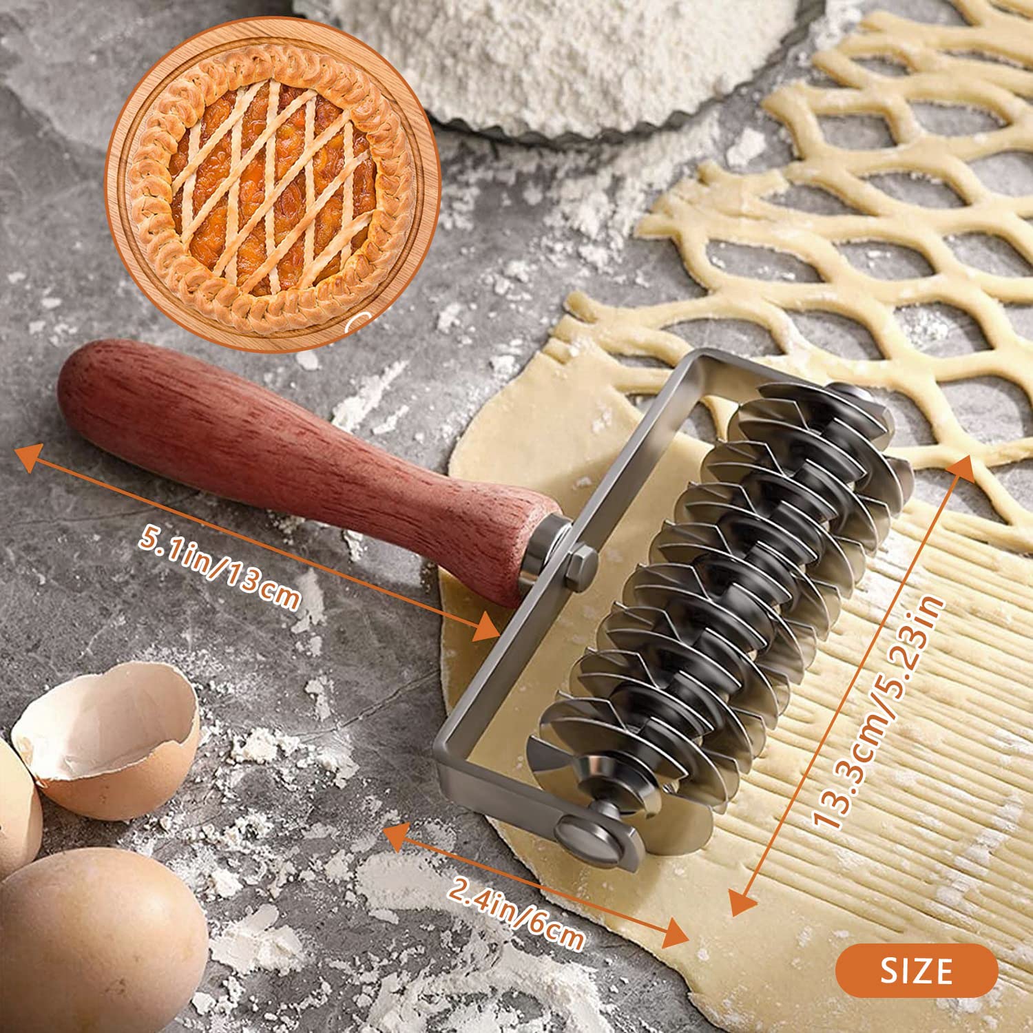 Stainless Steel Dough Cutter with Wooden Handle - Lattice Top Roller for Cookie, Pie, Pizza & Bread Crust | Perfect for Baking, Pastry Making & Fishnet Crust Designs | Ideal for Home Bakers & Professional Chefs