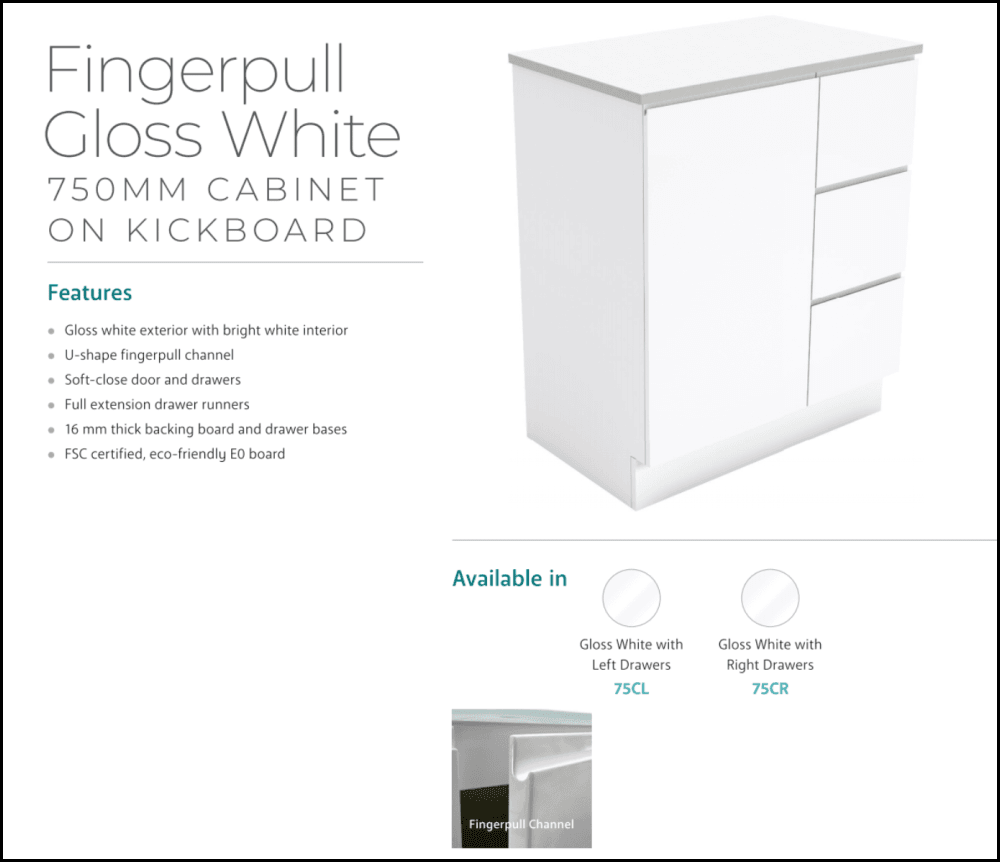 Fienza Crystal Pure SC75CL 750mm Undermount Stone Top Vanity Unit with Fingerpull & Kickboard - Left Drawers, White | Modern Bathroom Sink Cabinet for Small Spaces & Powder Rooms