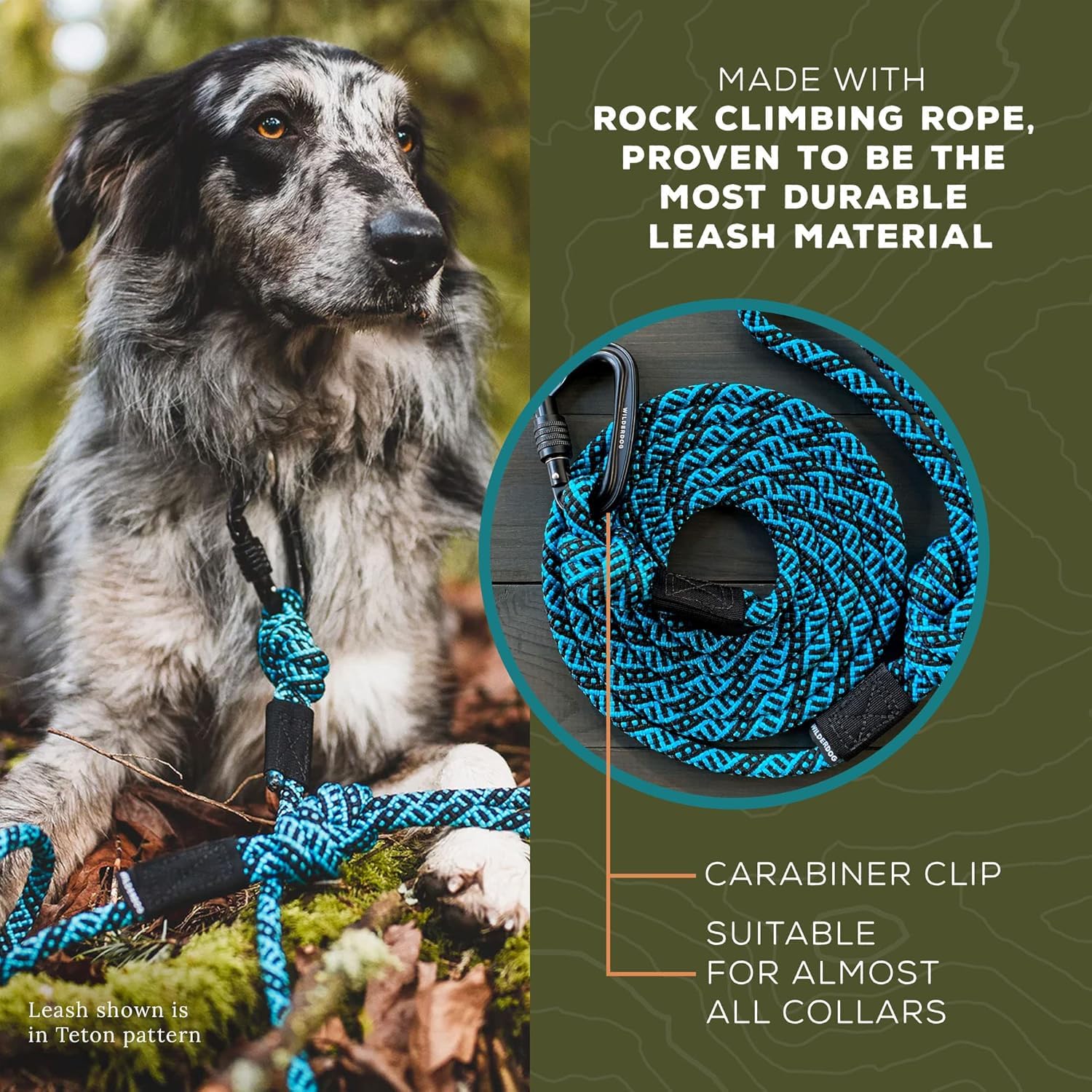 Wilderdog Heavy Duty Carabiner Climbing Rope Dog Leash - 10ft Durable Leash for Medium & Large Dogs - Teton Outdoor Adventure Gear - Perfect for Hiking, Camping & Daily Walks