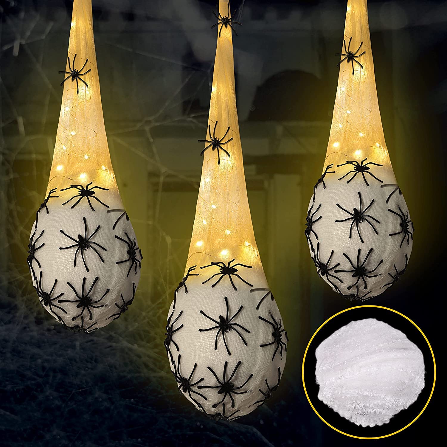 3Pcs Halloween Spider Light-up Hanging Decorations - Scary Glow in the Dark Spider Egg Sacks for Indoor Outdoor Home, Yard, Tree & Party Decor - Perfect for Halloween Night, Haunted House & Spooky Themed Events