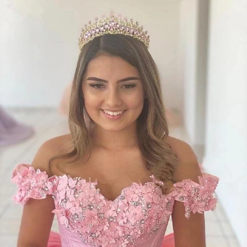 3D Floral Lace Applique Off-Shoulder Ball Gown with Crystal Tulle & Puffy Sleeves - Elegant Quinceanera Dress for 2025 | Perfect for Sweet 16, Prom, Wedding & Special Occasions