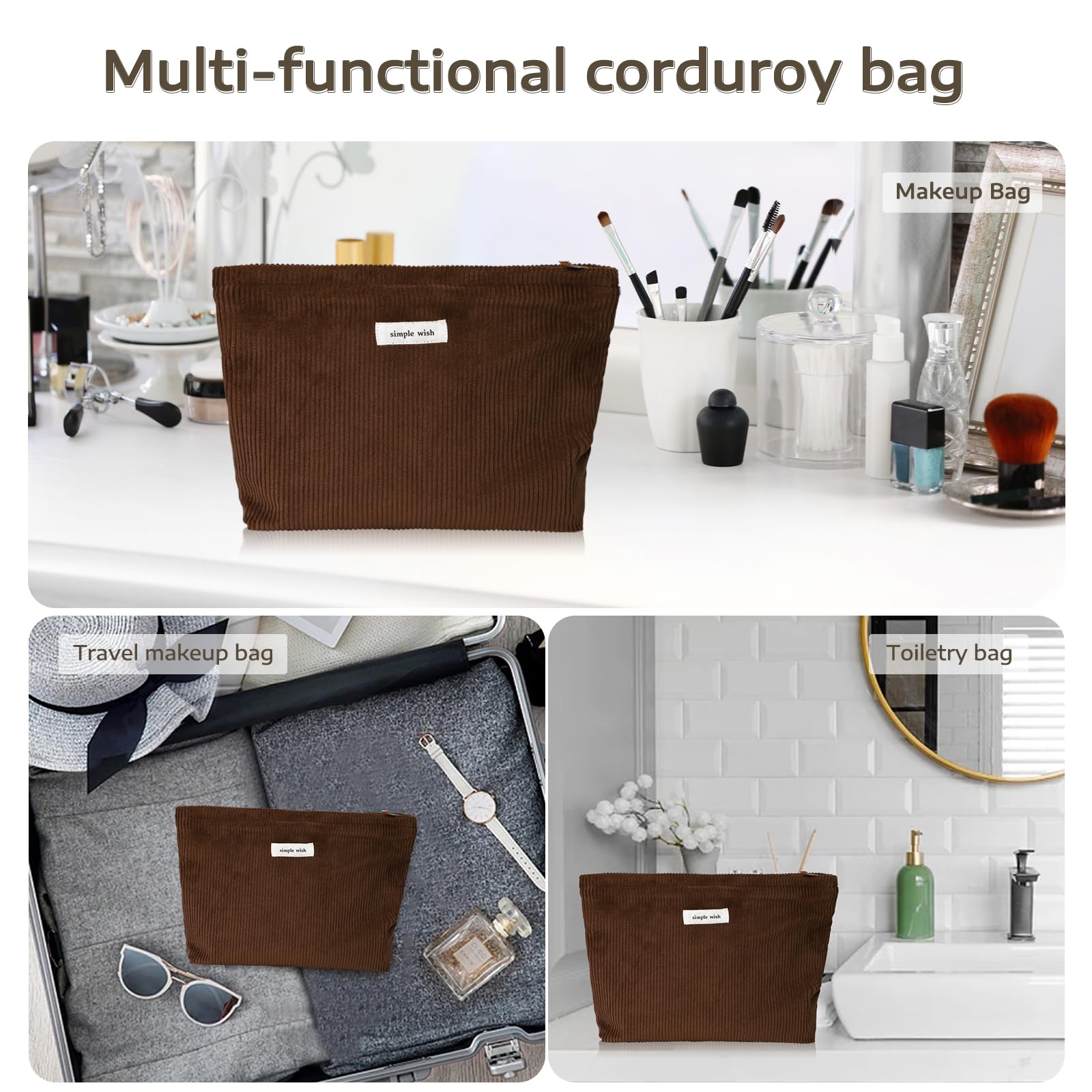 Wudygirl Large Capacity Corduroy Makeup Bag for Women - Travel Cosmetic Organizer with Zipper, Toiletry Pouch (Coffee) - Perfect for Travel, Gym & Daily Beauty Storage