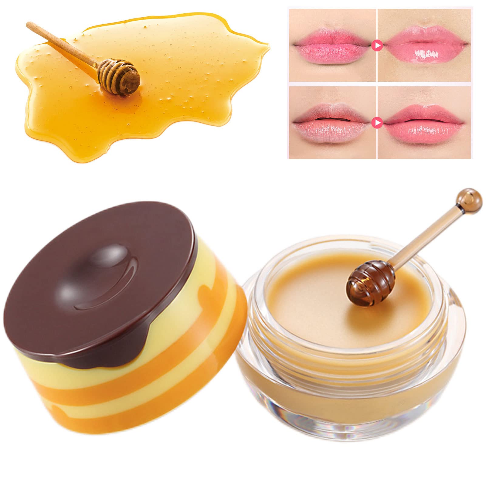 2 Pcs Moisturizing Lip Balm Pot with Lip Brush - Hydrating Honey Lip Care for Dry, Cracked Lips | Prevent Lip Lines & Nail Art | Perfect for Daily Use, Travel, and Makeup Kits