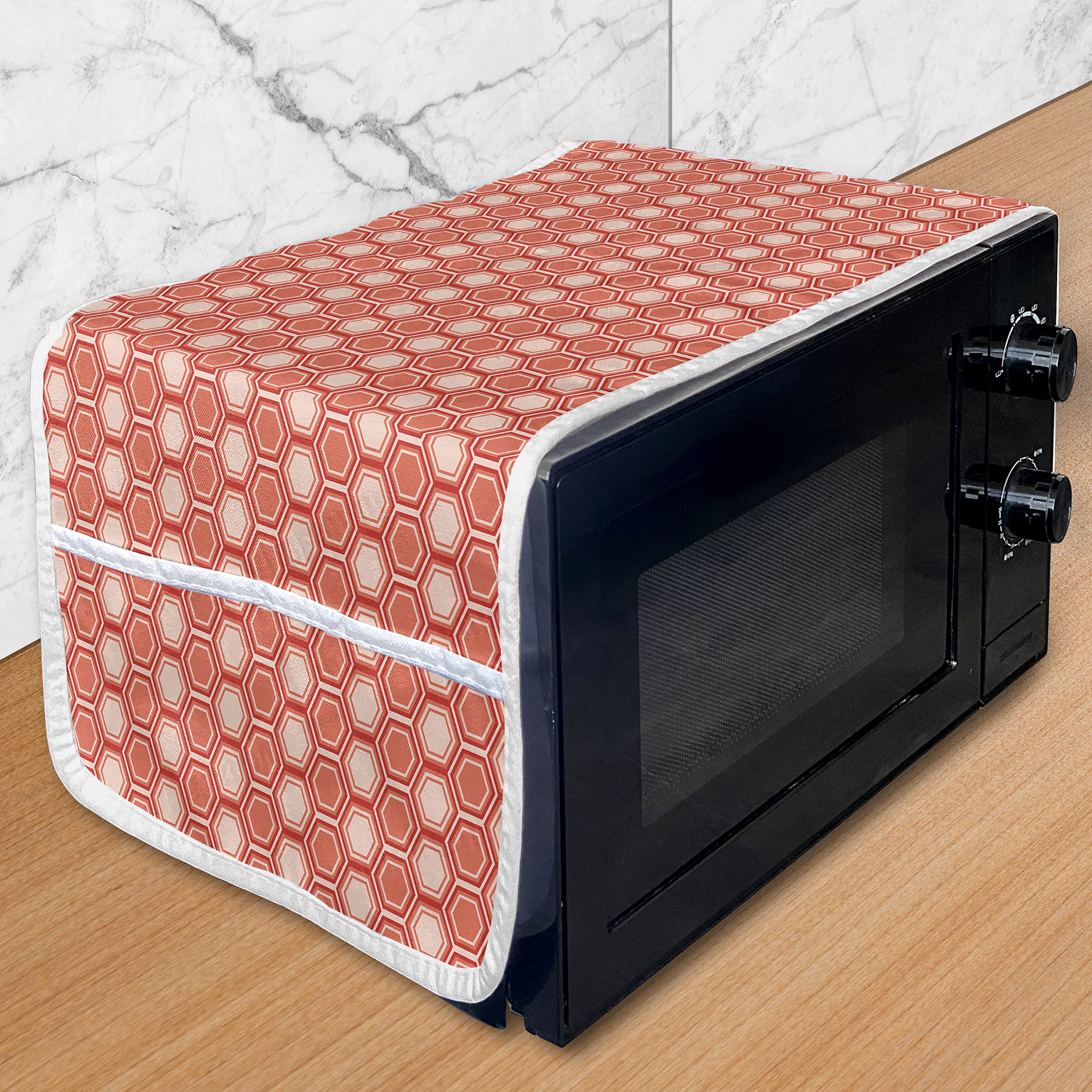 Ambesonne Vintage Microwave Cover - Hexagonal Geometric Tile Pattern, Waterproof Kitchen Organizer with Pockets, 36