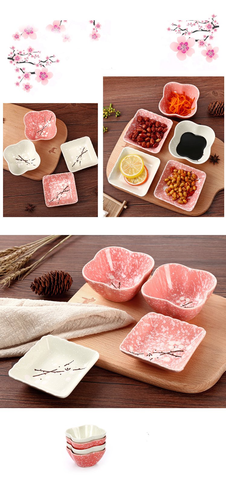 Colias Wing Cuddly Plum Blossom Porcelain Side Dish Bowls - 4-Piece Square & Flower Pattern Set (Pink & White) - Perfect for Soy Sauce, Seasonings, Sushi Dipping, and Asian Dining Tableware