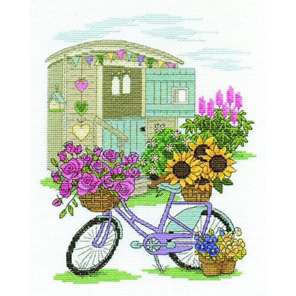 Flower Bicycle Counted Cross Stitch Kit - 8x10 Inch 14 Count Aida Fabric - DIY Embroidery Kit for Beginners & Adults - Perfect for Home Decor, Wall Art & Gift Giving