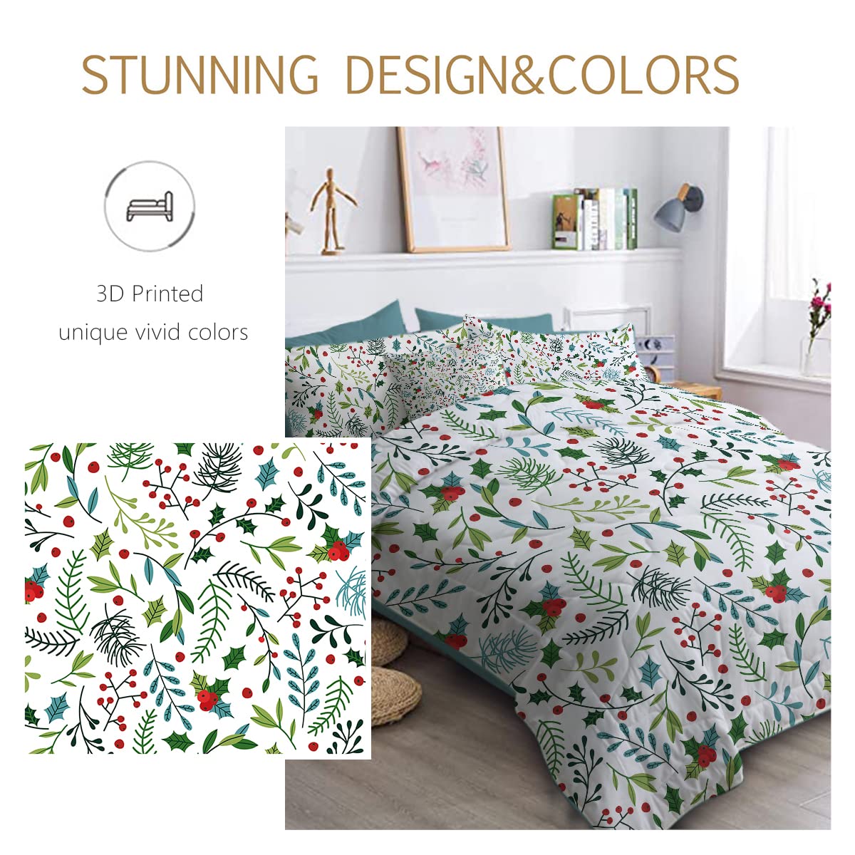 BlessLiving 8-Piece Spruce Branches Comforter Set - Twin Size Botanical Bed in a Bag with Blue Green Bedding, Lightweight Comforter, Sheets, Pillowcases, Shams & Cushion Cover for Cozy Bedroom Decor
