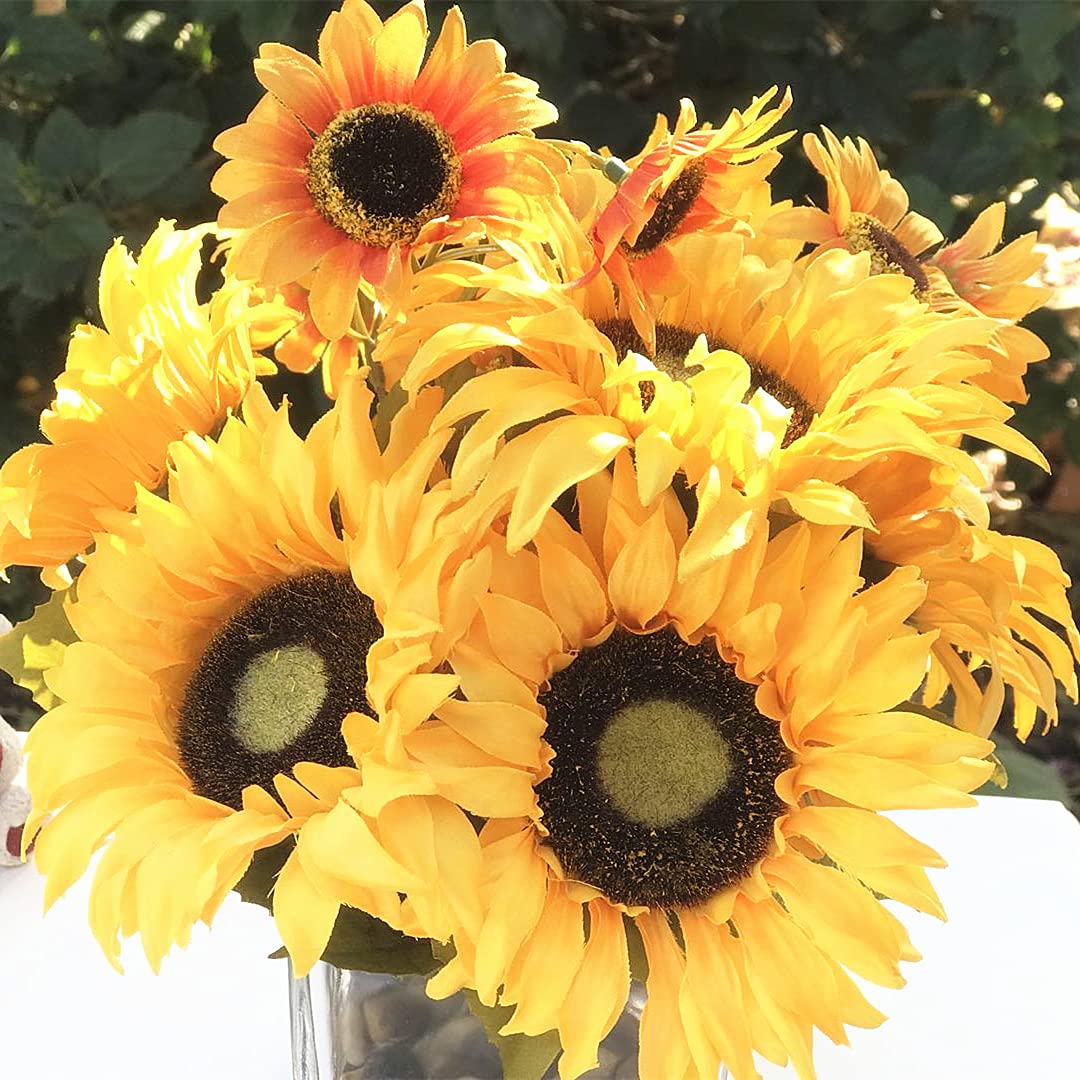 ENOVA HOME Mixed Sunflower Arrangement in Cube Glass Vase with River Rock & Faux Water - Yellow Orange Artificial Flowers for Home, Office, Wedding & Table Decor