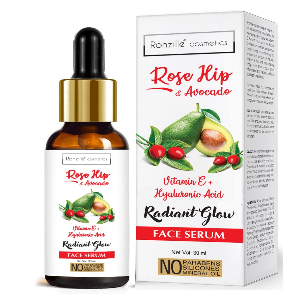 RONZILLE Rose Hip & Avocado Vitamin-E + Hyaluronic Acid Face Serum for Radiant Glow - 30ml Anti-Aging Moisturizer for Dry Skin, Day & Night Use