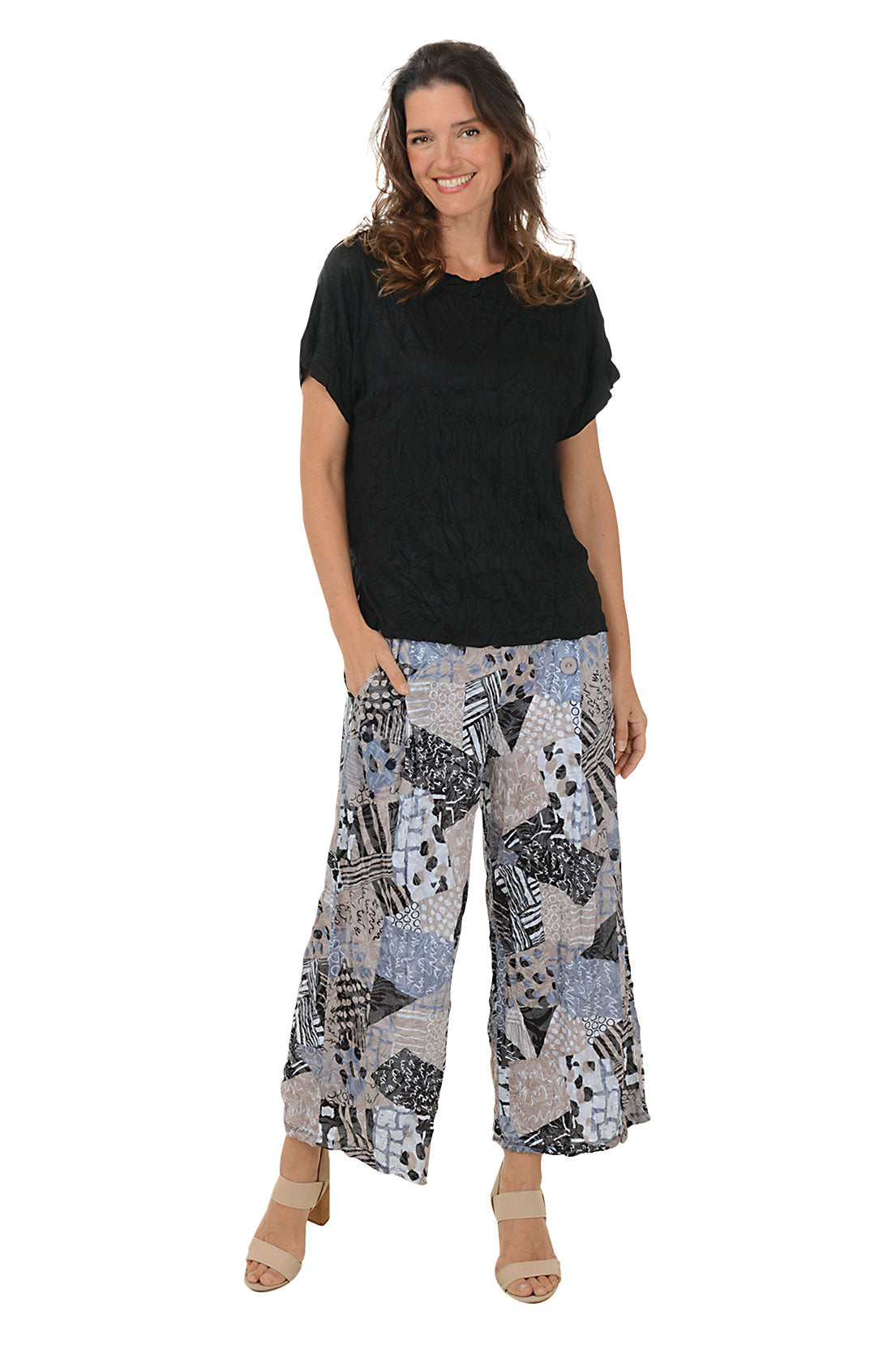 Safari Patchwork Crinkle Triple Button Palazzo Pants for Women - Boho Chic Wide Leg Trousers for Casual Outings & Vacations