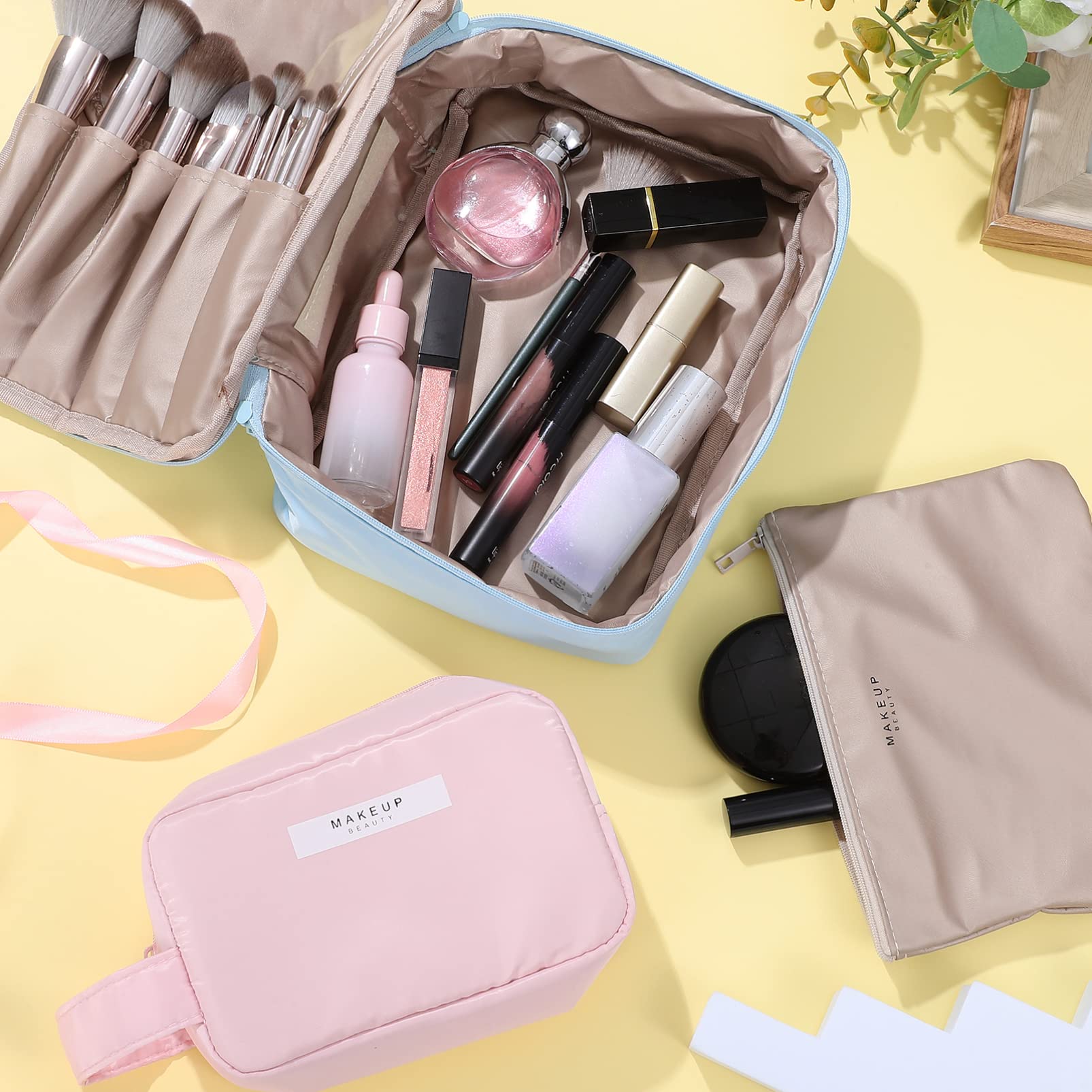 VALICLUD 2-Piece Waterproof Travel Makeup Bag Organizer Set for Women - Large Cosmetic & Toiletry Bags with Multiple Compartments & Zipper Closure - Perfect for Vacation, Gym, Business Trips and Daily Use