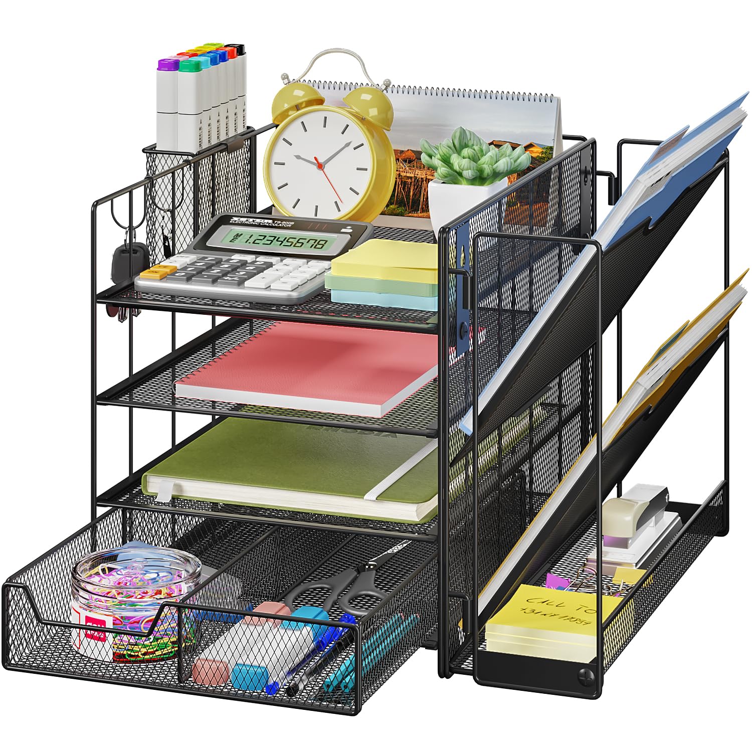 Wattne 4-Tier Mesh Desk Organizer with File Holder, Drawer & Pen Holder - Office Paper Letter Tray, Magazine Rack for Home & Workspace Supplies | Perfect for Organizing Documents, Stationery & Office Essentials