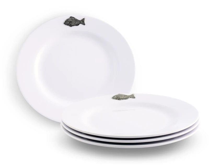 Premium White Melamine Dinner Plates Set of 10 with Elegant Pewter Fish Design - Perfect for Outdoor Dining, Picnics, and Beach Parties