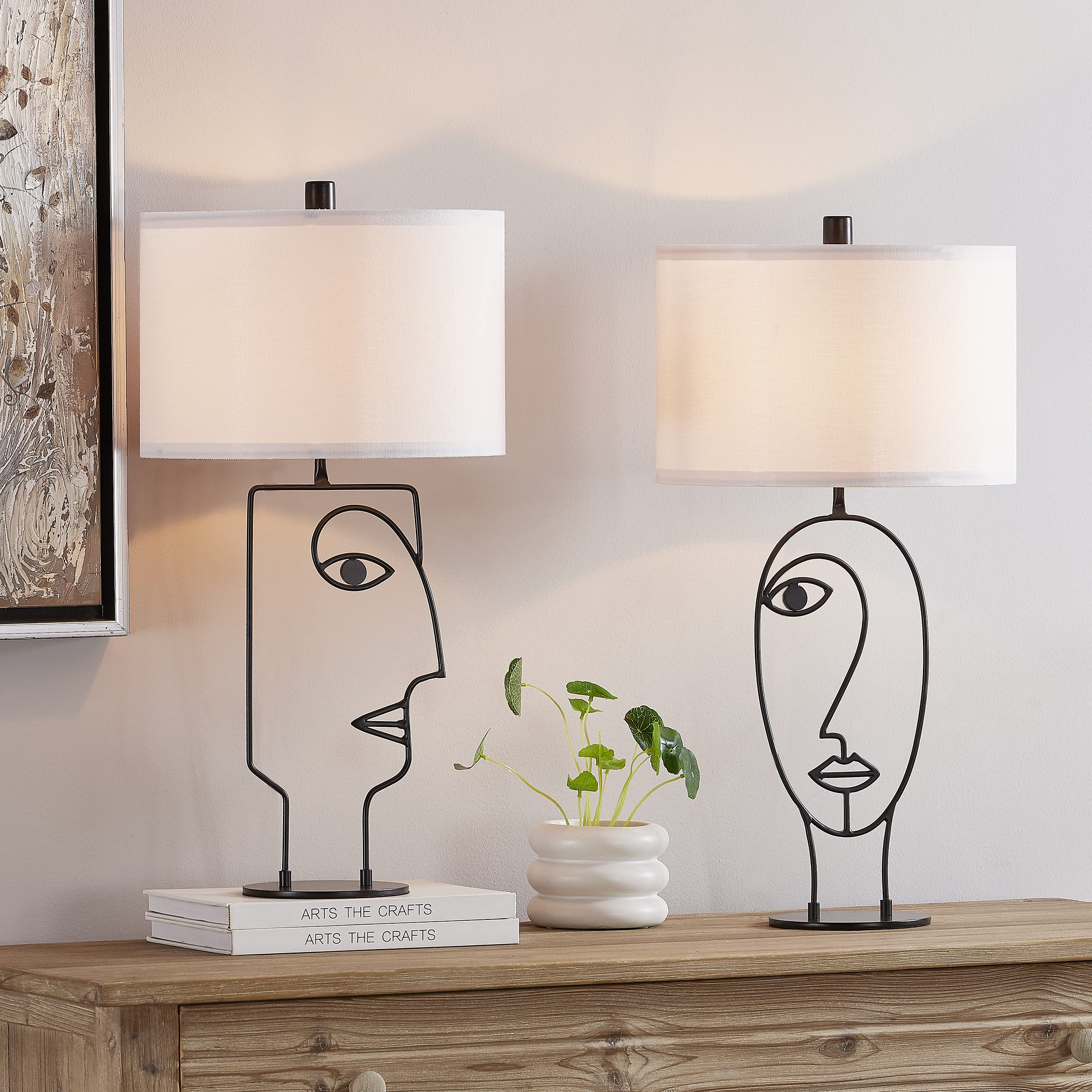 WOXXX Set of 2 Industrial Farmhouse Table Lamps - Modern Black Bedside Lamps with White Fabric Shades for Living Room, Bedroom, Office & Nightstand - Perfect for Reading, Working & Ambient Lighting (2 Pack)