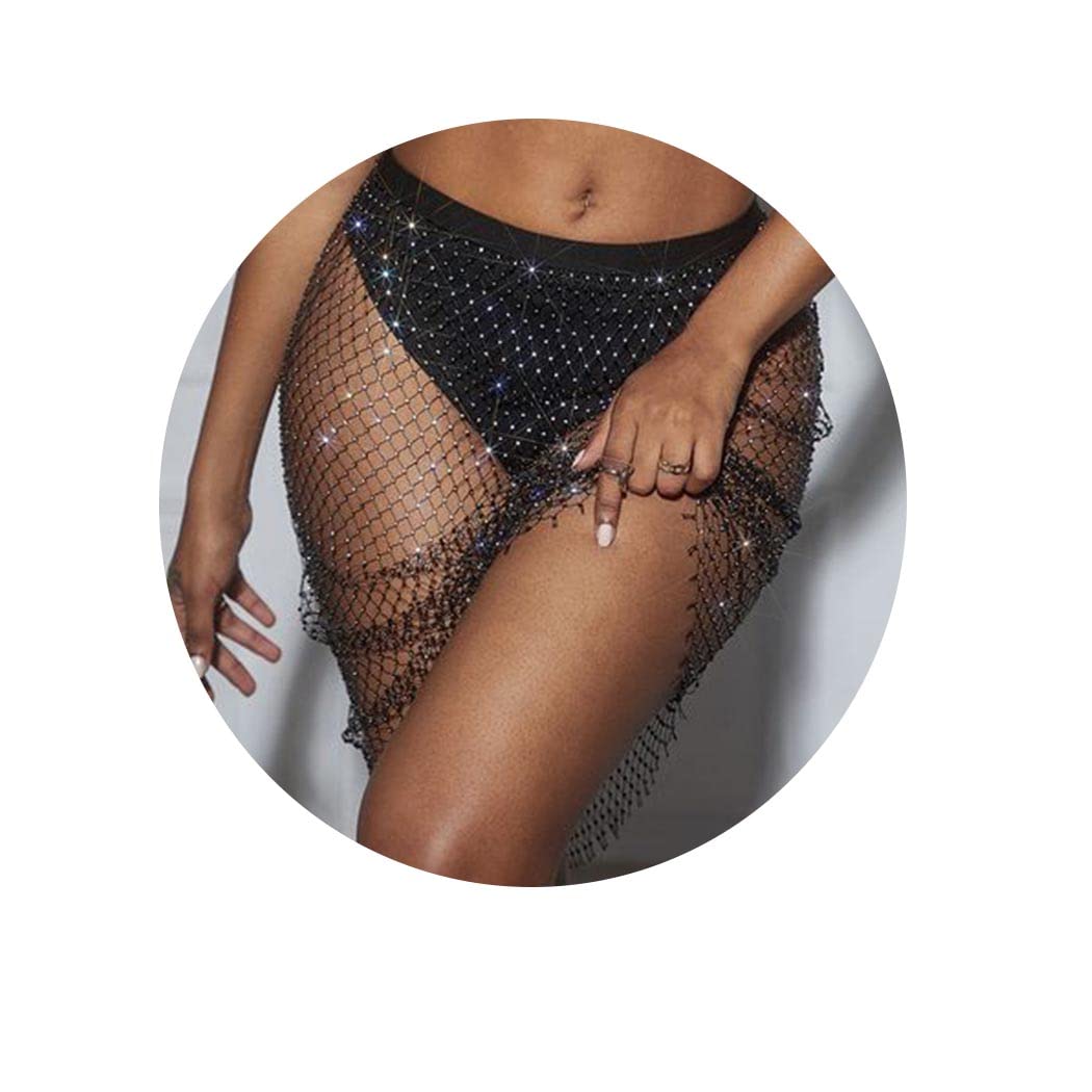 Black Rhinestone Mesh Body Chain - Sparkly Crystal Elastic Skirt Jewelry for Women | Perfect for Festivals, Parties, and Nightclub Outfits