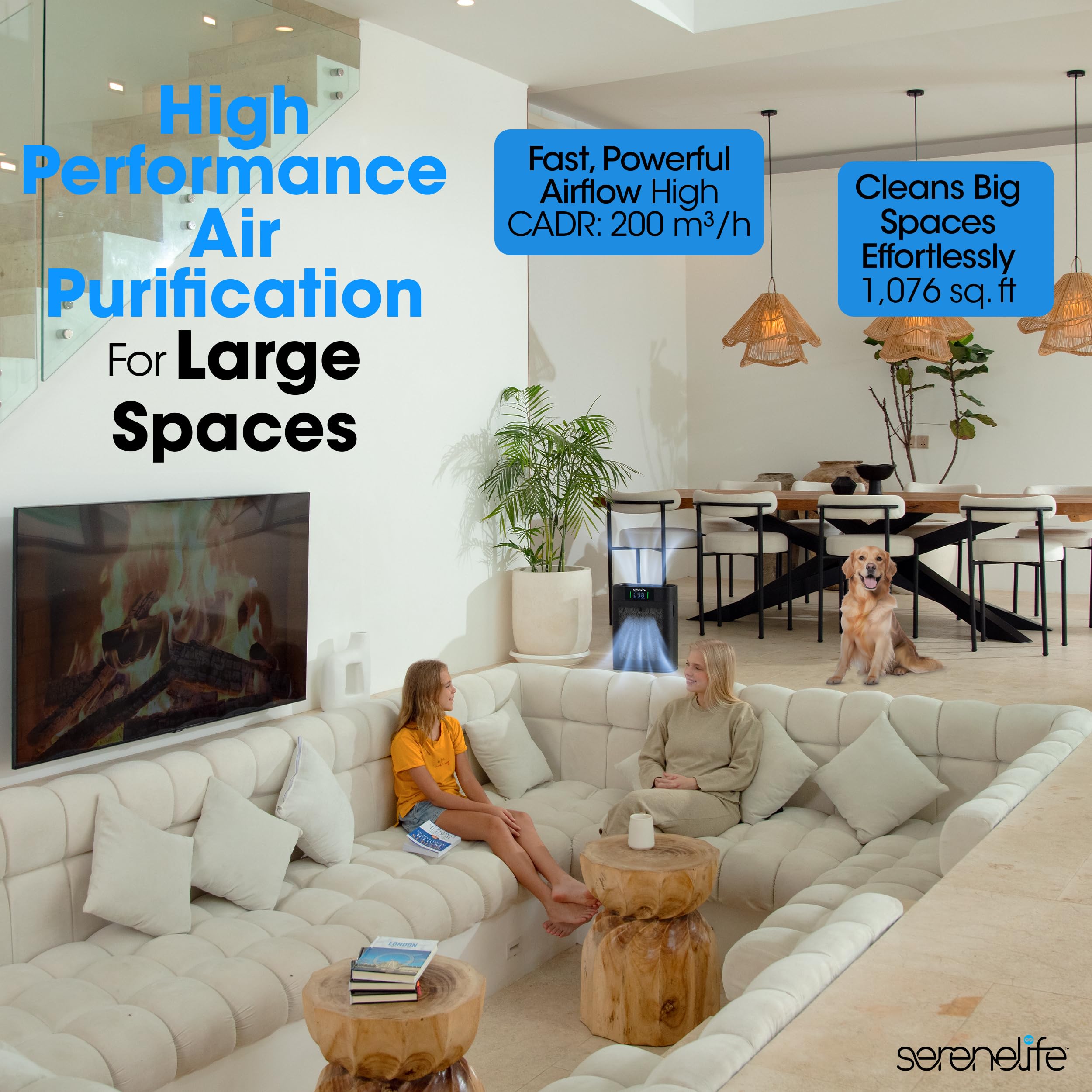 SereneLife HEPA Air Purifier with WiFi & App Control - Ultra Quiet Home Air Cleaner for Large Rooms up to 1,076 Sq Ft - Removes Dust, Pet Dander, Smoke & Odors - Ideal for Allergies, Asthma & Pet Owners - Perfect for Bedrooms, Living Rooms & Offices (Black)