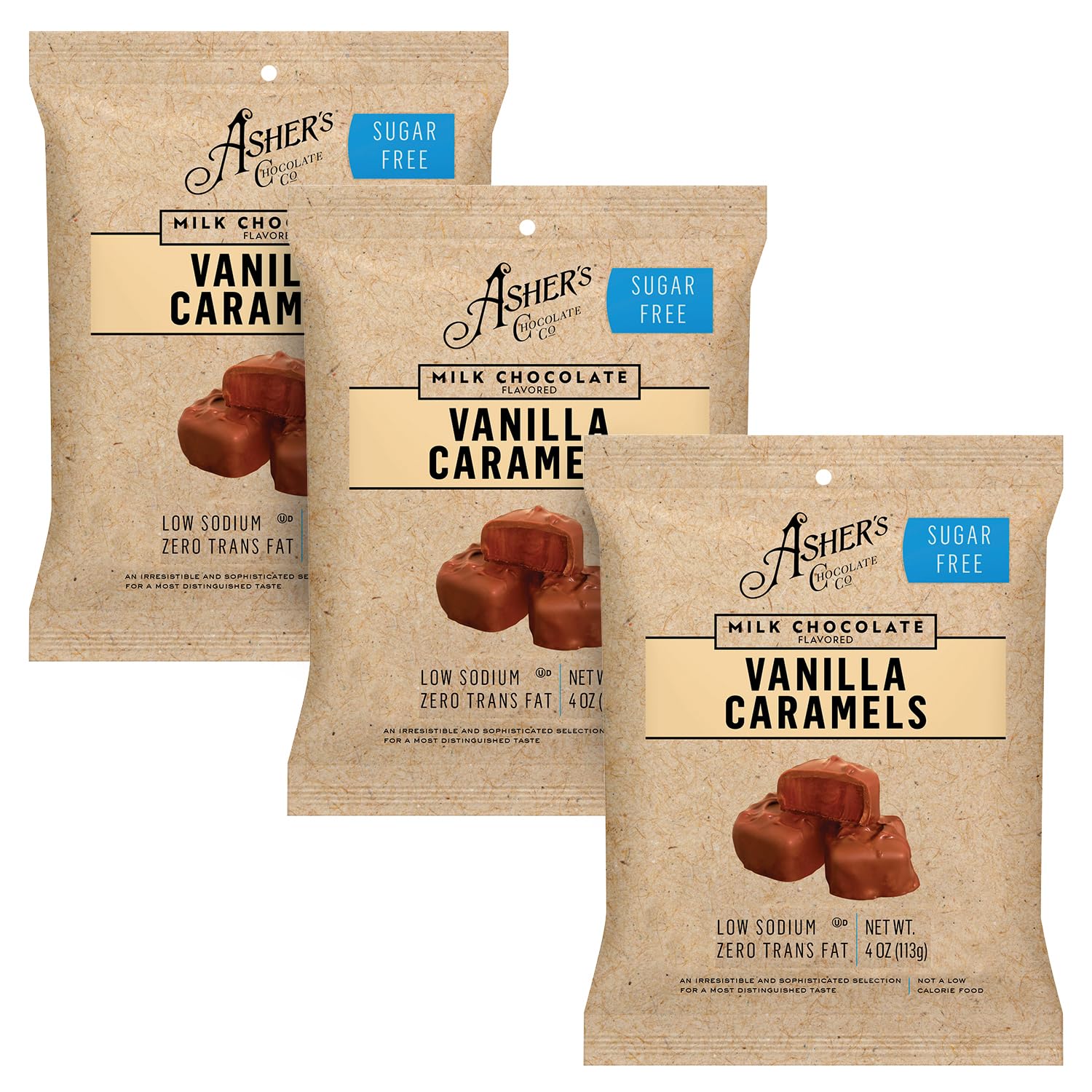 Sugar Free Chocolate Bags by Asher's - Diabetic Friendly, Keto & Kosher Certified, Small Batch Gourmet Chocolates (3 Bags Vanilla Caramels) | Perfect for Gifts, Dessert Platters & Low-Carb Snacking