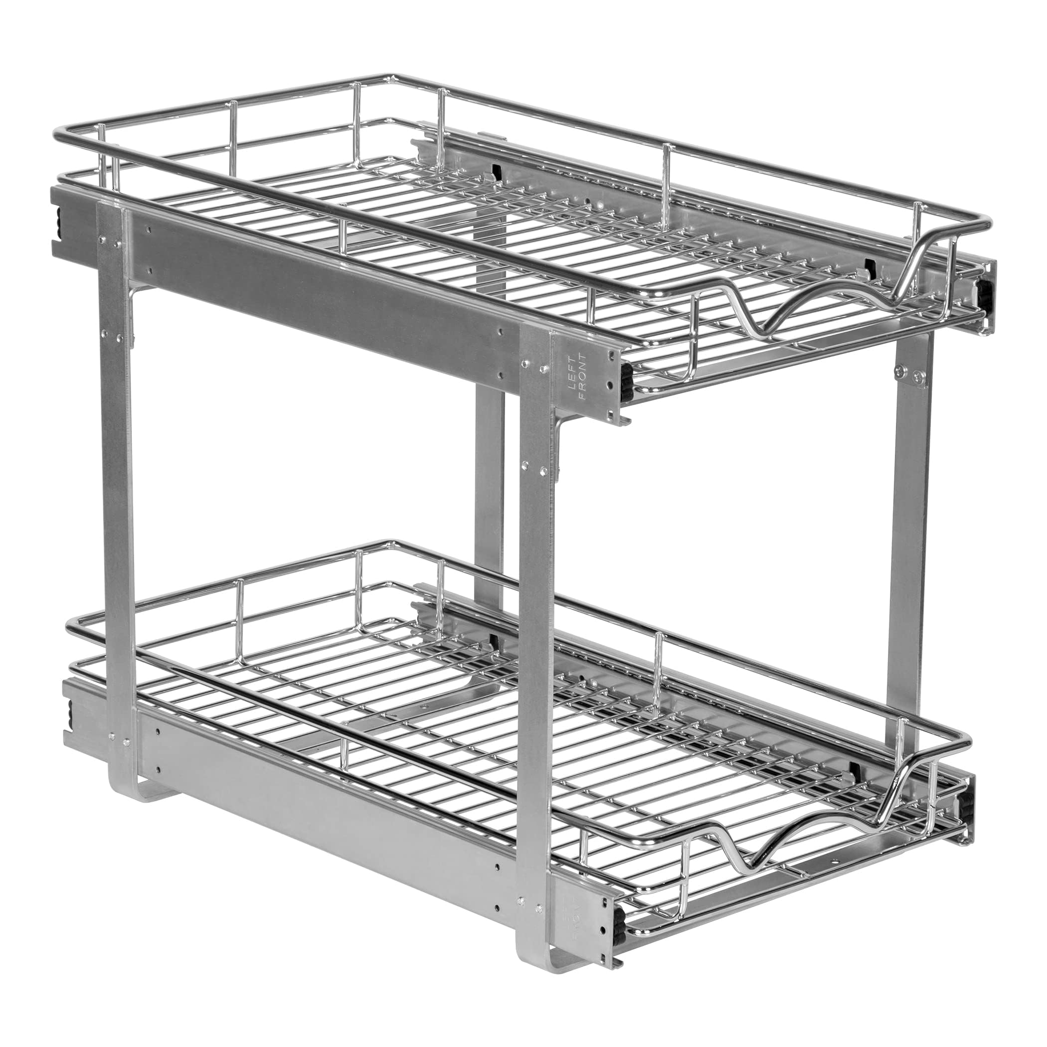 2-Tier Pull Out Cabinet Organizer - Heavy Duty Metal, Anti-Rust Chrome Finish for Kitchen & Bathroom Storage