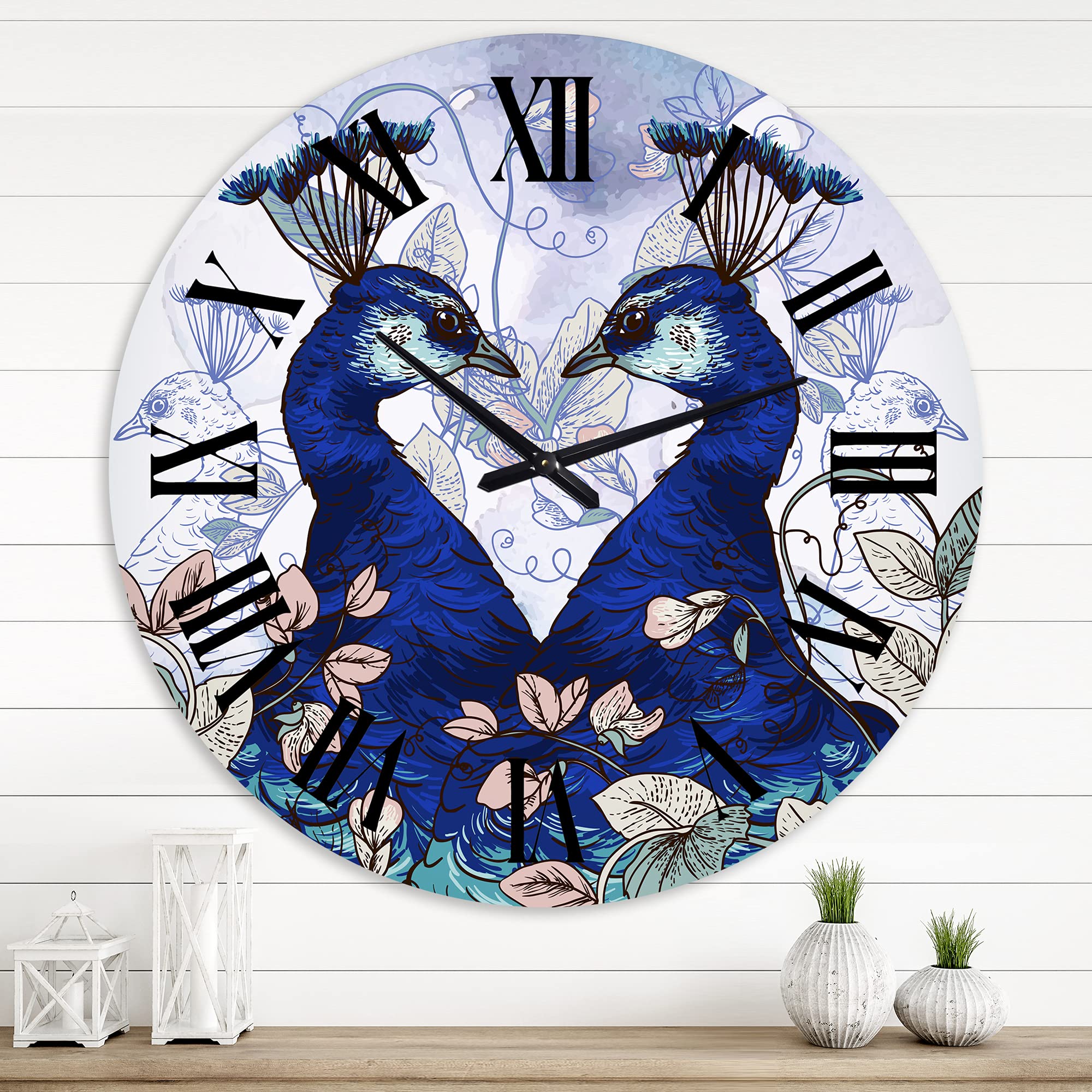 DesignQ Traditional Large Wall Clock - Two Blue Peacocks with Wildflowers - Elegant Animal-Themed Home Decor for Living Room, Bedroom & Office | Perfect Gift for Housewarming & Holidays