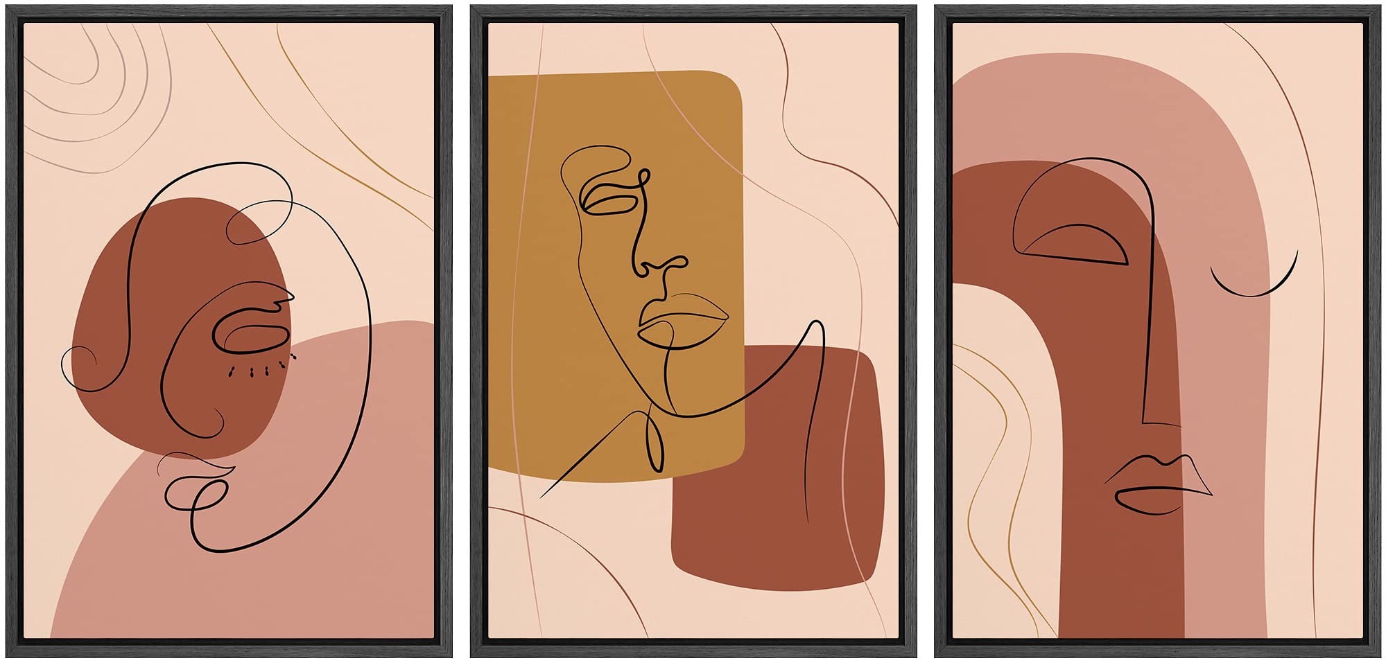 Boho Nordic Line Art Face Portraits Framed Wall Art Print Set - Abstract Shapes Modern Decor for Living Room, Bedroom & Office - 16x24 Inches Black Frame - Perfect for Relaxing Spaces & Home Decor
