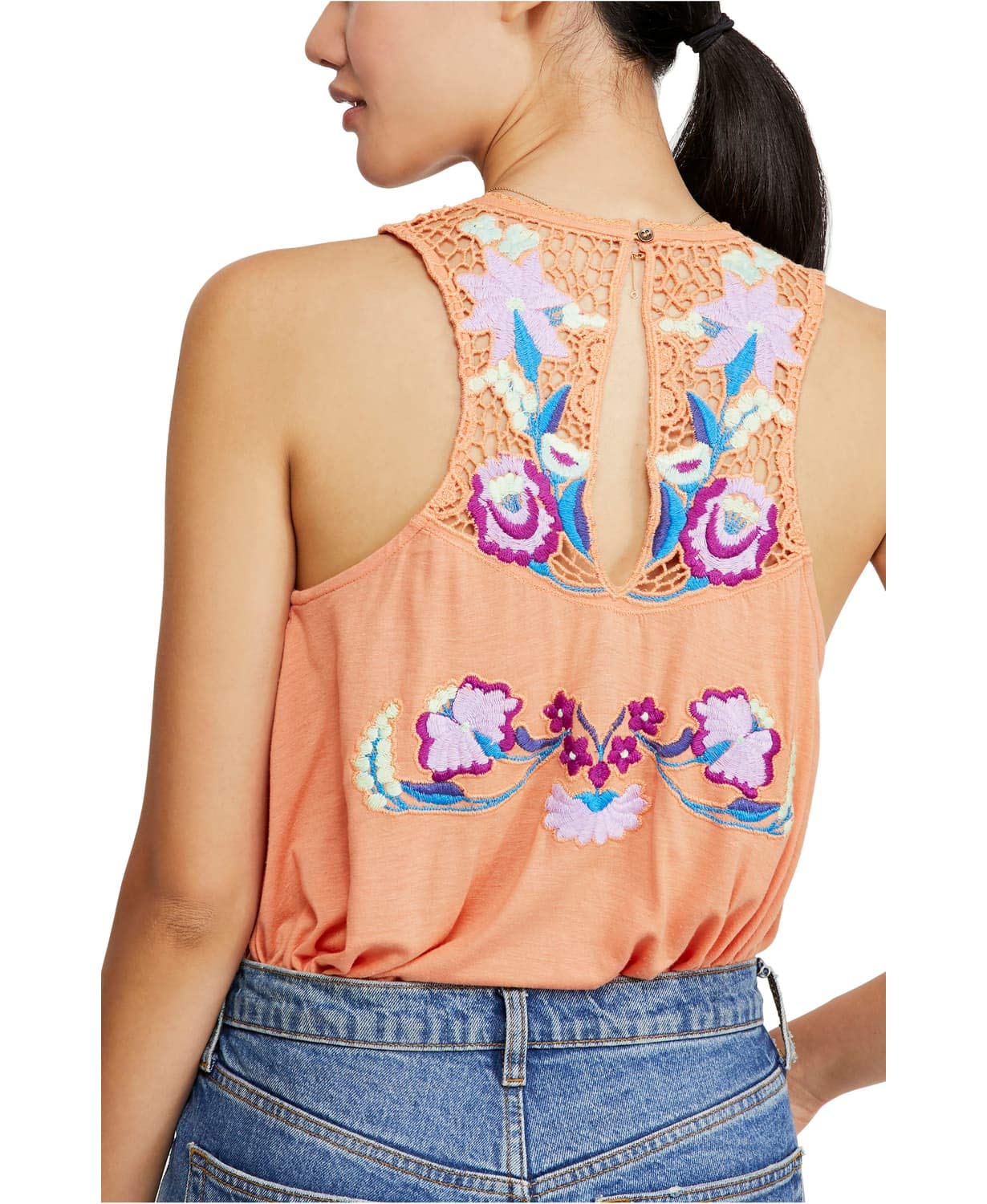 Free People Women's Floral Embroidered High Neck Tank Top - Boho Chic Summer Top for Casual Outings & Beach Wear