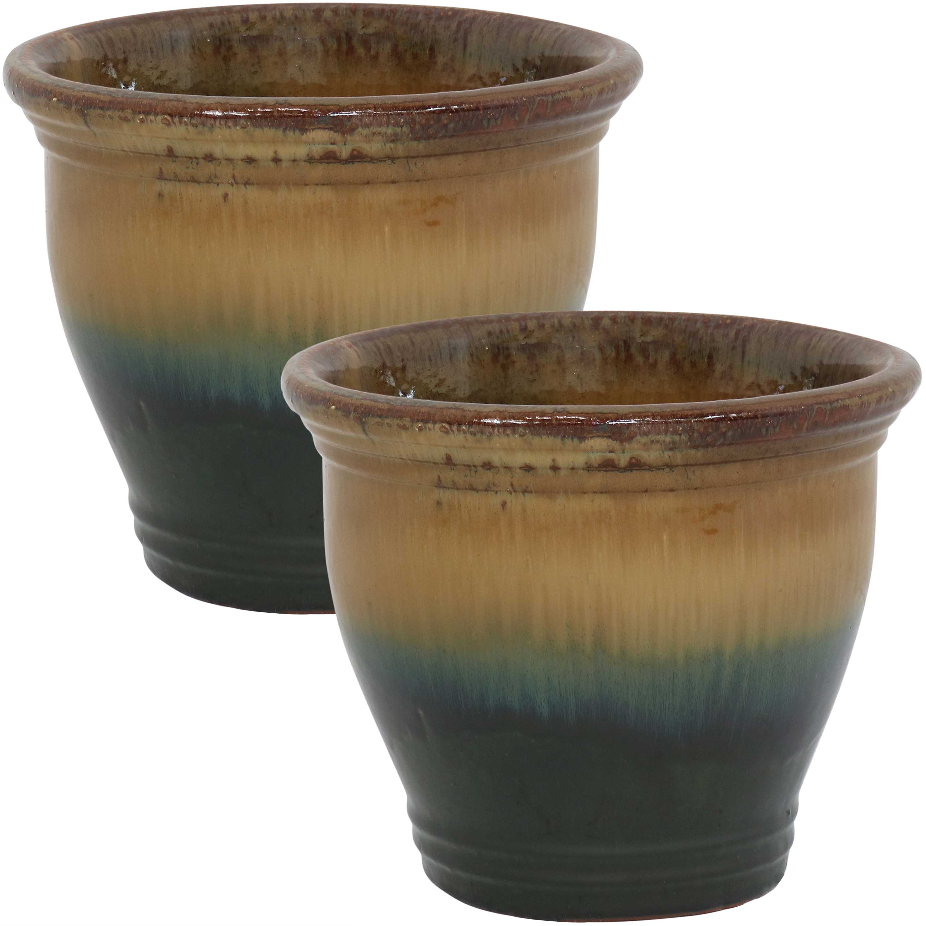 Sunnydaze Studio Glazed Ceramic Plant Pots with Drainage Holes - Set of 2, Indoor Outdoor Flower Planters for Home Garden, Patio, Balcony Decor