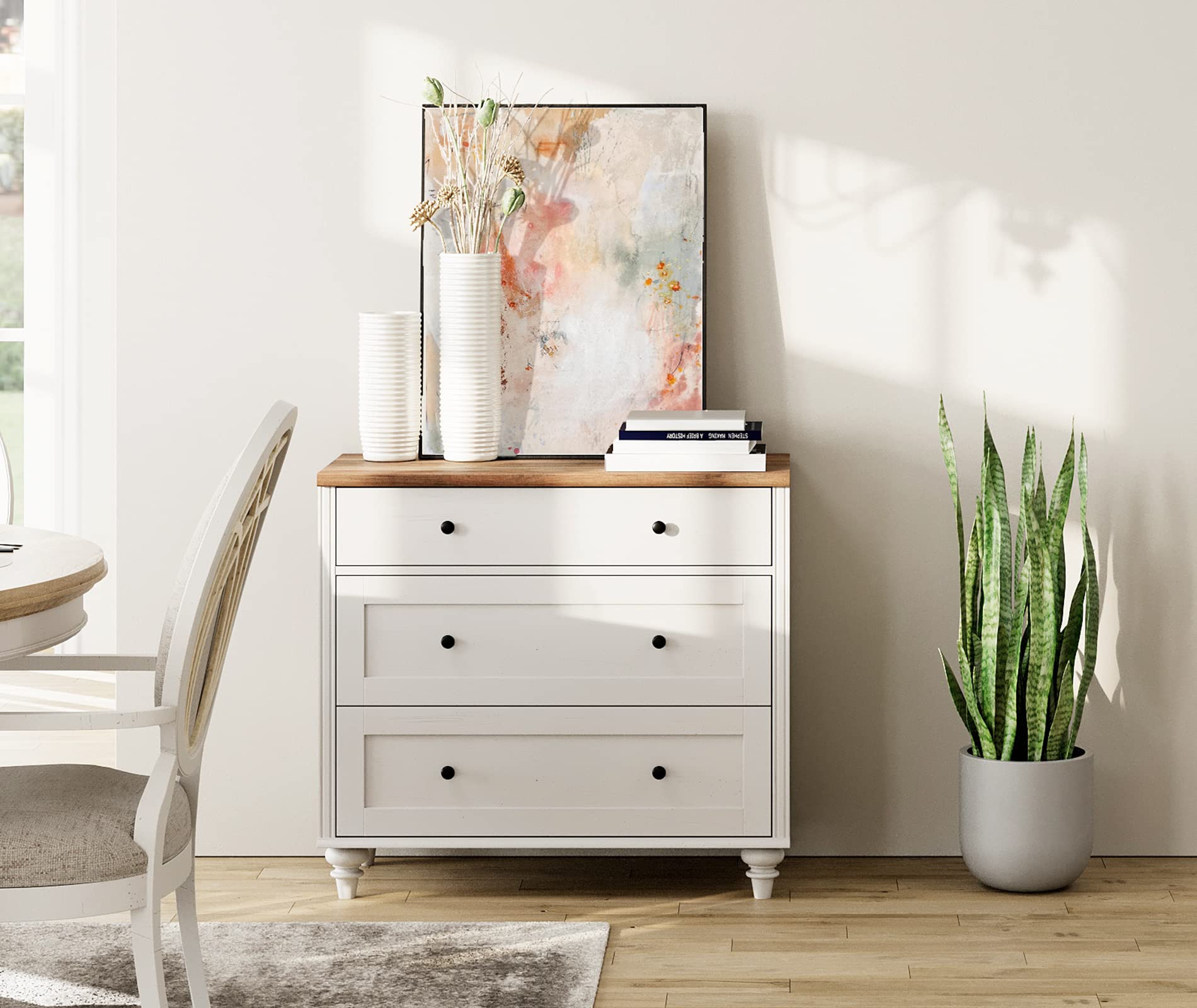 WAMPAT 3-Drawer Dresser for Bedroom - White Mid Century Modern Wooden Chest of Drawers - Kids Dresser & Storage Organizer for Nursery, Living Room, Hallway - Perfect for Clothes, Toys & Home Organization