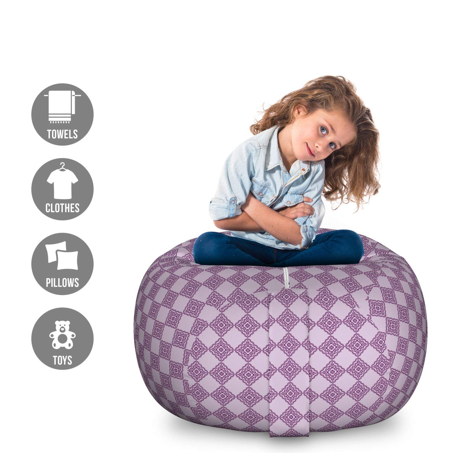 Ambesonne Abstract Storage Toy Bag Chair - Large Washable Organizer with Monotone Rhombus Pattern in Lilac & Purple | Perfect for Kids' Room, Playroom & Stuffed Animal Storage