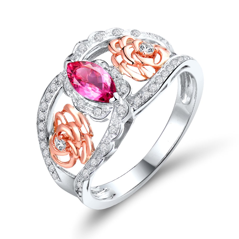 14K Rose Gold & White Gold Natural Pink Tourmaline Promise Ring for Women - Elegant Engagement & Wedding Jewelry Gift for Anniversary, Valentine's Day & Special Occasions