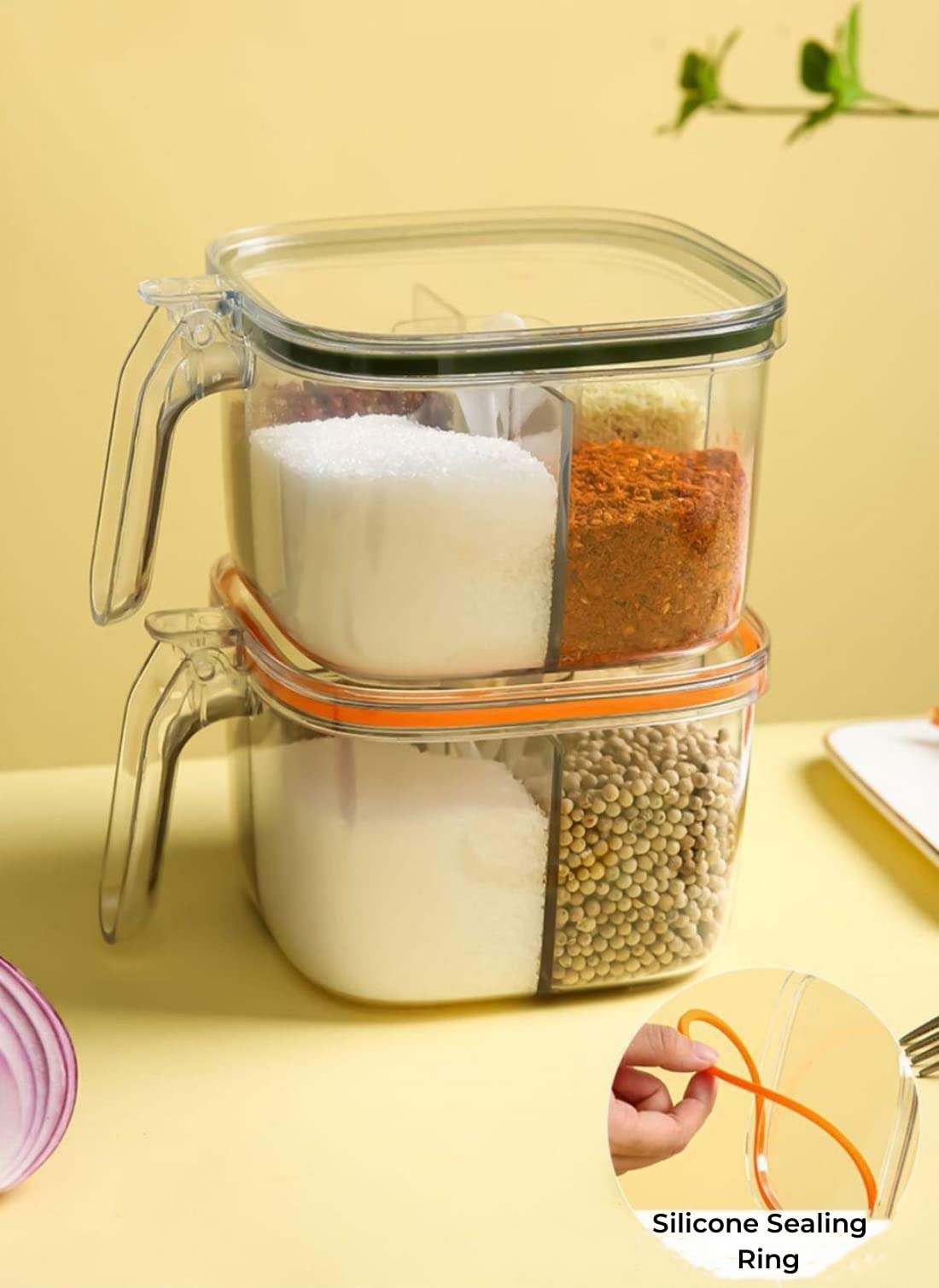4-Compartment Clear Plastic Seasoning Box with Lid & Spoons - Airtight Kitchen Storage Container for Salt, Pepper, Spices & Powder - Perfect for Cooking, Baking & Tabletop Seasoning Organization