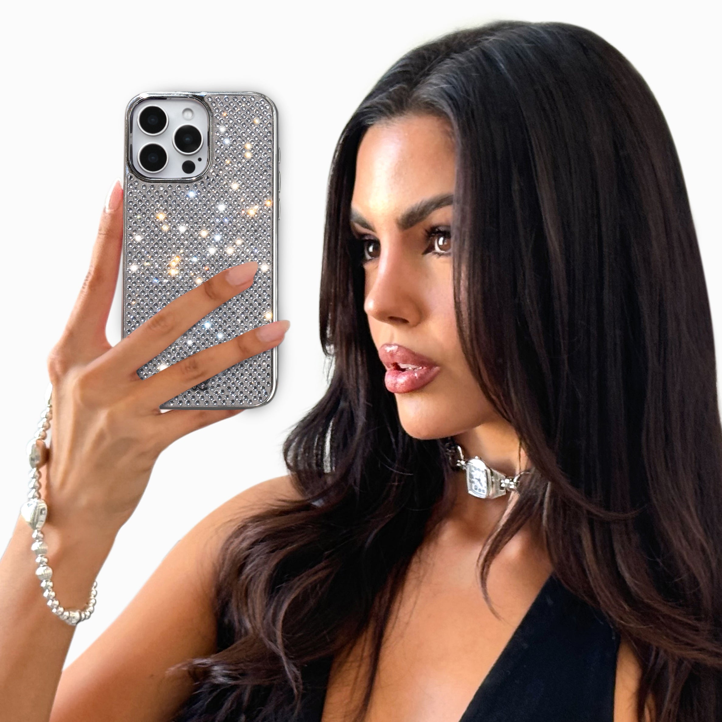 Luxury Chrome Caviar Crystals iPhone Case - Elegant Protective Cover for iPhone 13/14/15 Pro Max - Sparkling Rhinestone Design for Women & Girls - Perfect for Parties, Weddings & Special Occasions