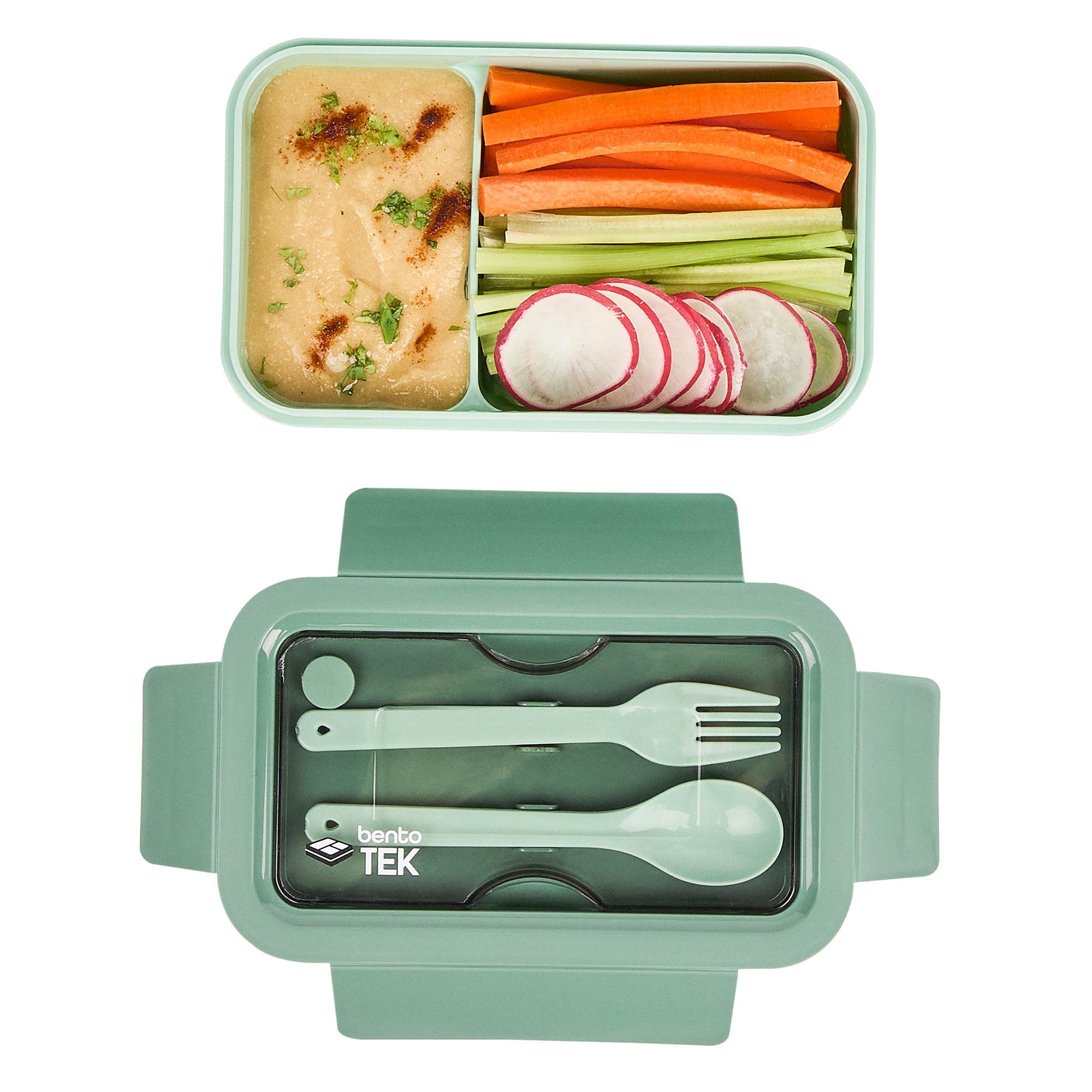 Bento Tek 29 oz Green Lunch Box - BPA Free, Microwave Safe, Leak-Proof Food Container with Fork & Spoon - 7.75