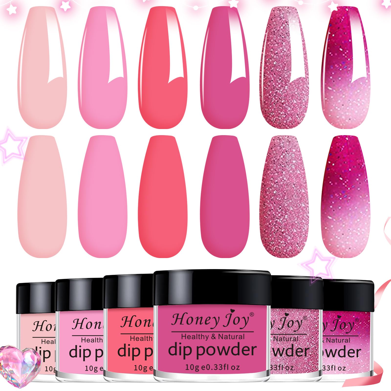 Honey Joy 6 Colors Color Changing Glitter Dipping Powder Set for Nails - No UV Lamp Needed, DIY Salon & Home Manicure Kit, Perfect Gift for Women - Great for Parties, Weddings, and Everyday Nail Art