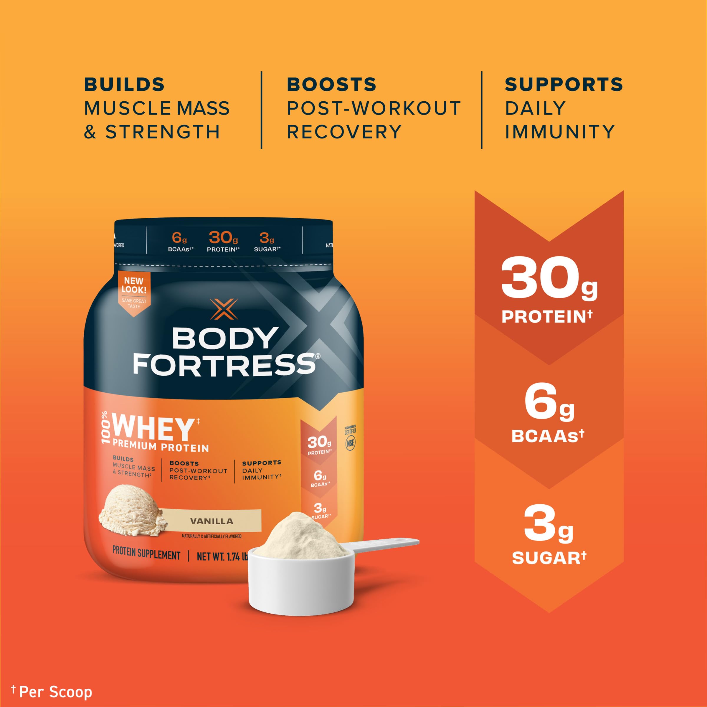 Body Fortress 100% Whey Protein Powder Vanilla 1.74lbs & Pure Protein Bars Chocolate Peanut Butter 12 Count 1.76oz - Post Workout Recovery & Muscle Building Supplement for Athletes & Fitness Enthusiasts
