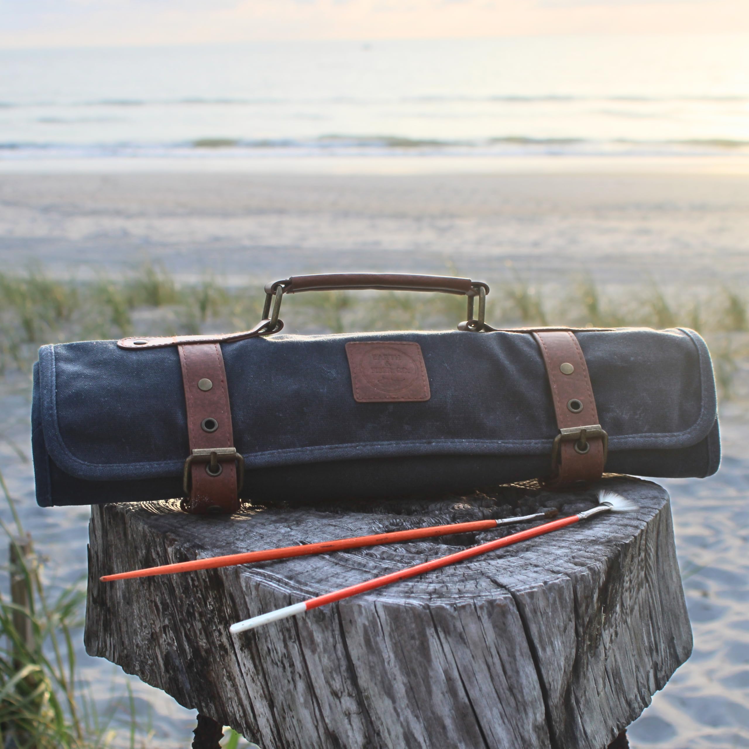 Earth & Fiber Co. Waxed Canvas Paint Brush Holder - Waterproof Art Storage Roll Bag for Painting & Drawing Supplies - Perfect for Outdoor Sketching, Studio Organizing & Travel Art Kits (Blue)