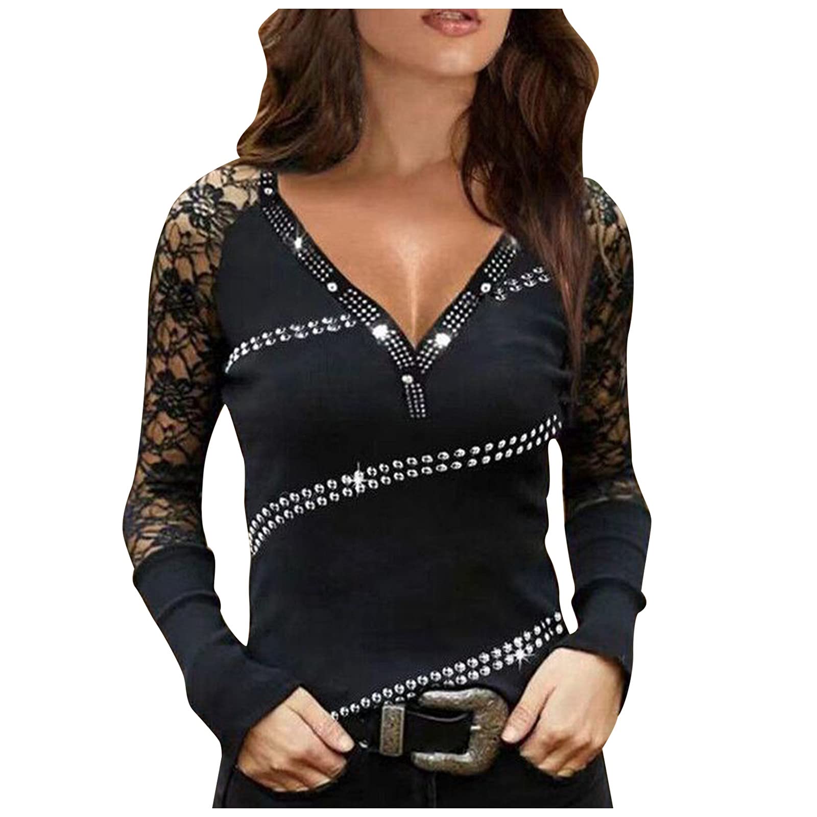 Women's Rhinestone Lace Tunic Top - Sexy V-Neck Long Sleeve Pullover Blouse | Lightweight Casual T-Shirt for Party, Date Night & Office Wear