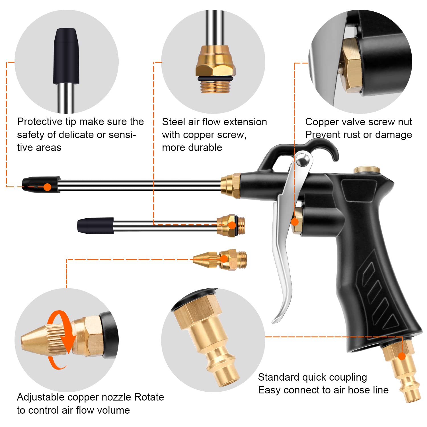 Heavy Duty Brass Industrial Air Blower with Adjustable Nozzle - Universal Blow Hose & Steel Extension Kit for Air Compressor | Perfect for Dusting, Workshop Cleaning, and Industrial Maintenance